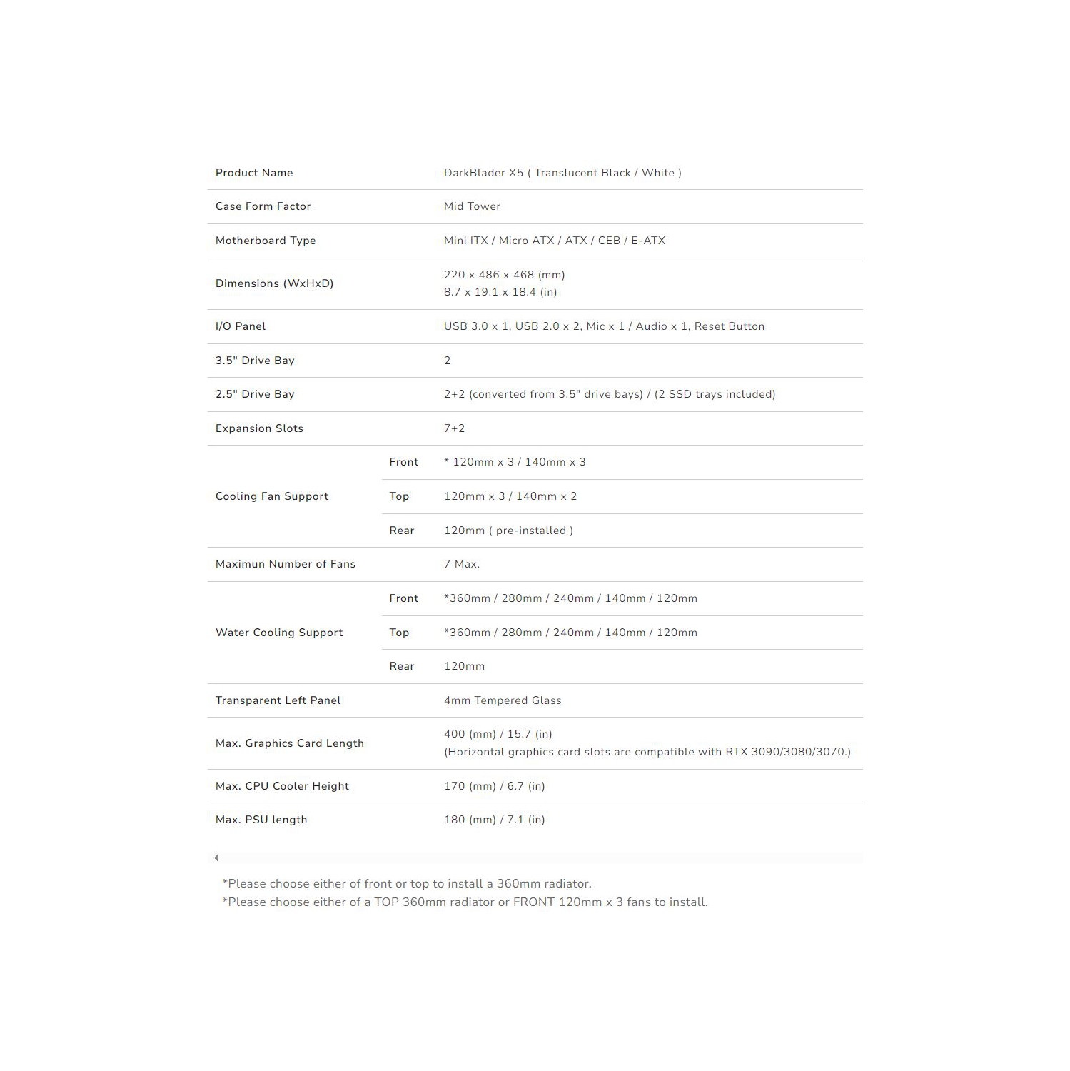 Cougar Dark Blader X5 RGB Mid Tower ATX Computer Case, Tempered Glass Side Panel, 3x 120mm ARGB VK120 Fans Pre-Installed, Black