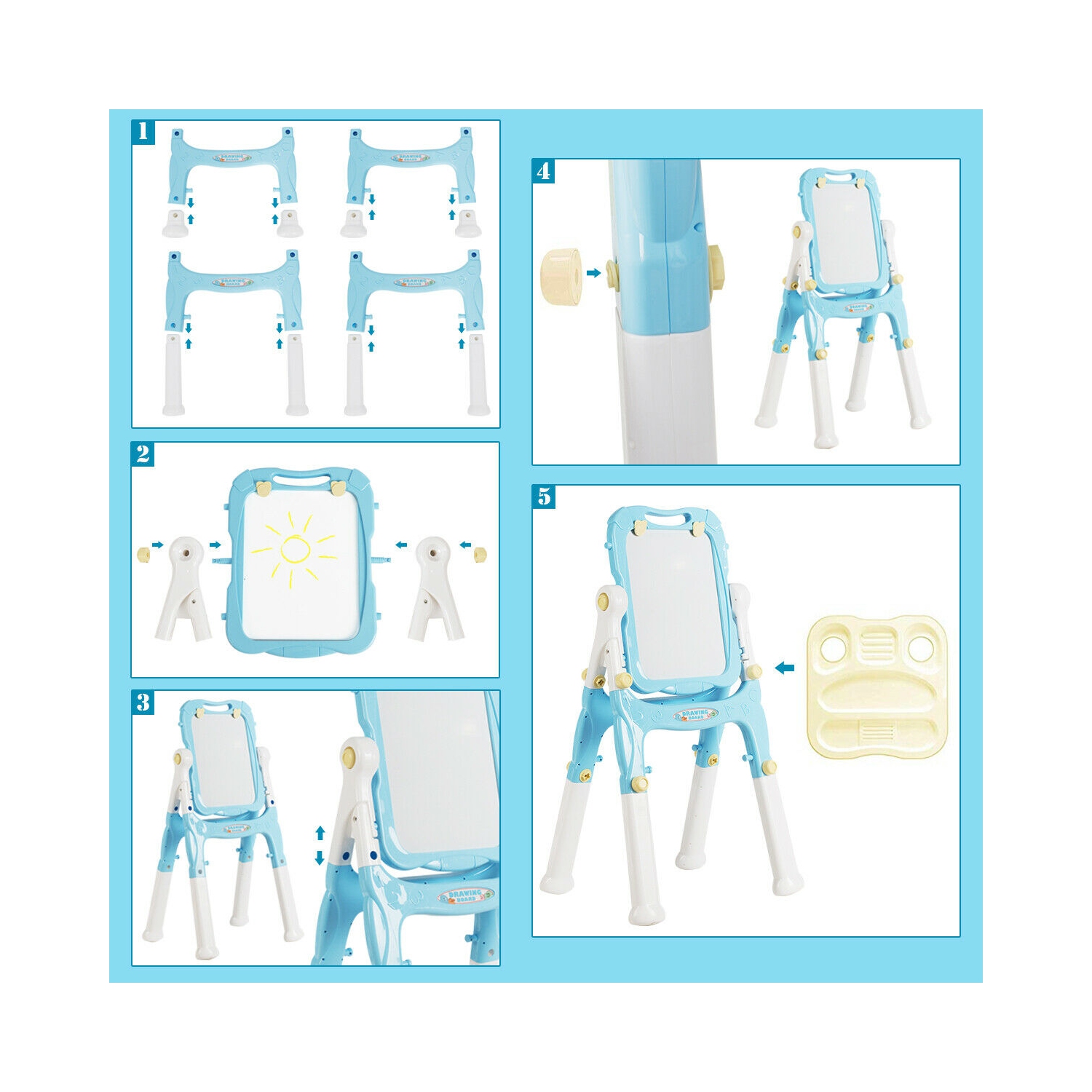 Gymax Kids Easel for Two Adjustable Height Double Sided Art Easel Blue