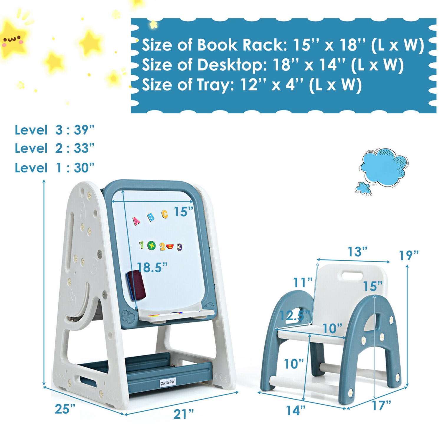 Gymax 2 in 1 Kids Easel Desk Chair Set Book Rack Adjustable Art Painting Board Blue/Gray