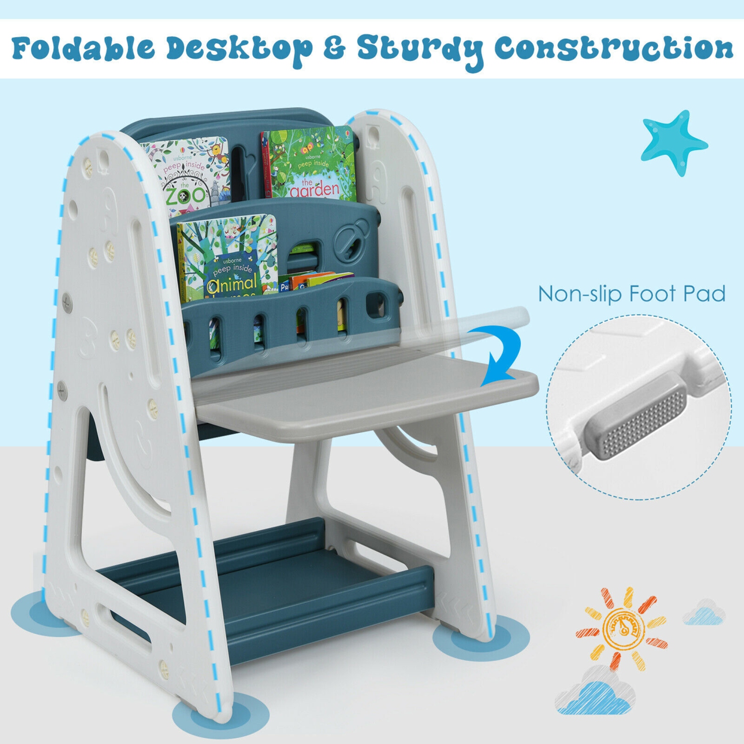 Gymax 2 in 1 Kids Easel Desk Chair Set Book Rack Adjustable Art Painting Board Blue/Gray