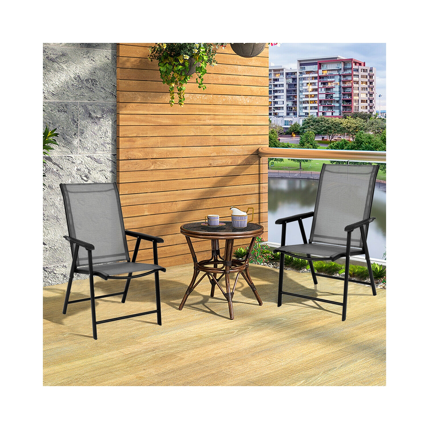 Gymax 2PCS Folding Chairs Steel Frame Patio Garden Outdoor w/ Armrest & Footrest