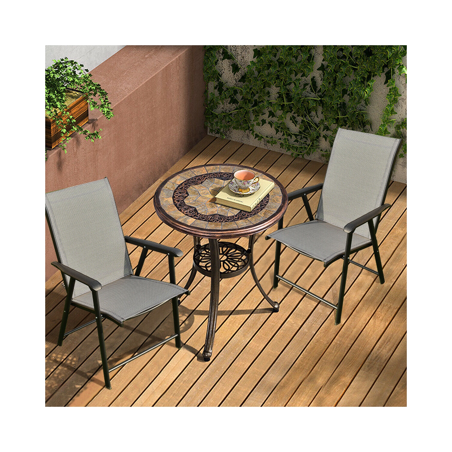 Gymax 2PCS Folding Chairs Steel Frame Patio Garden Outdoor w/ Armrest & Footrest