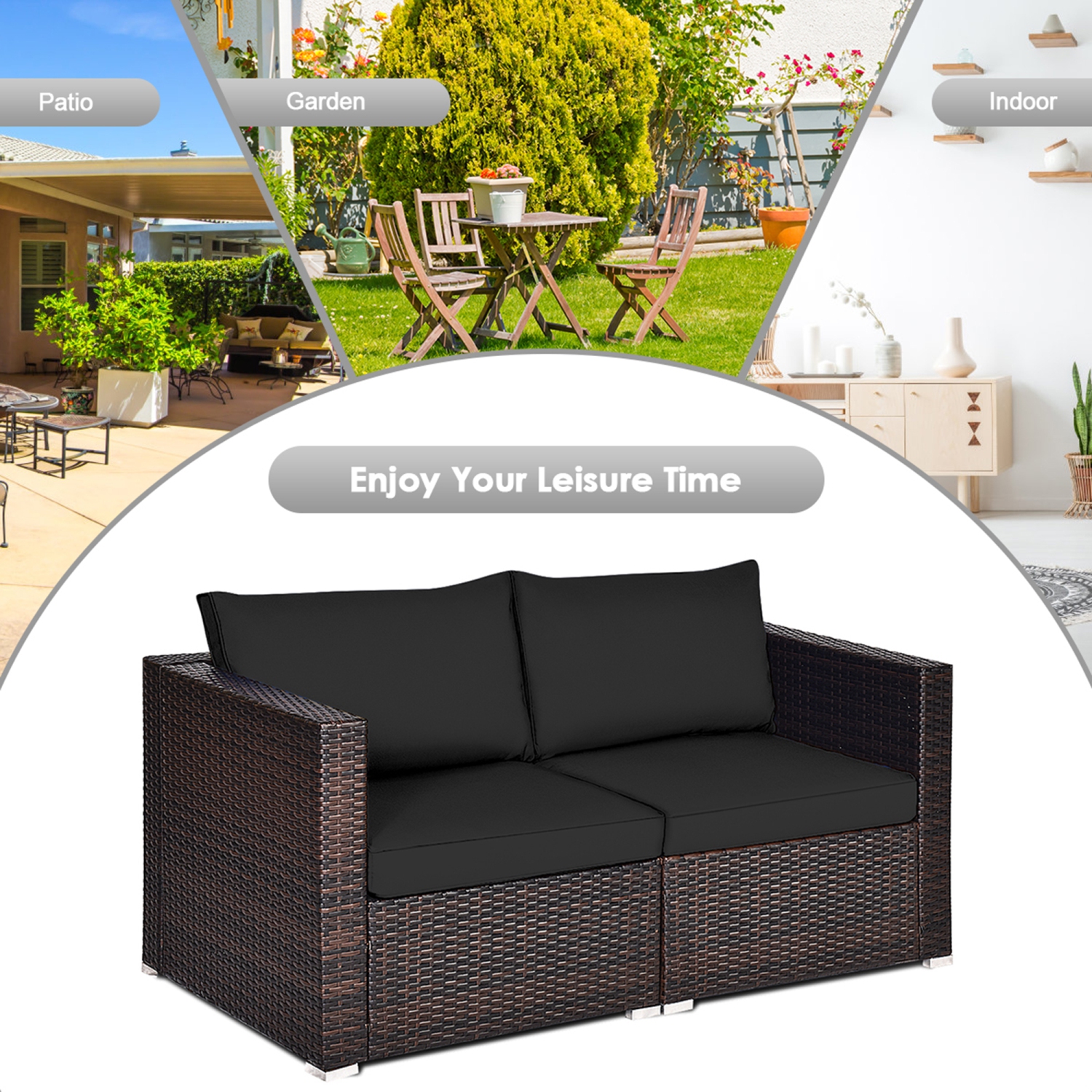Gymax 2PCS Rattan Corner Sofa Set Patio Outdoor Furniture Set w/ 4 Black Cushions