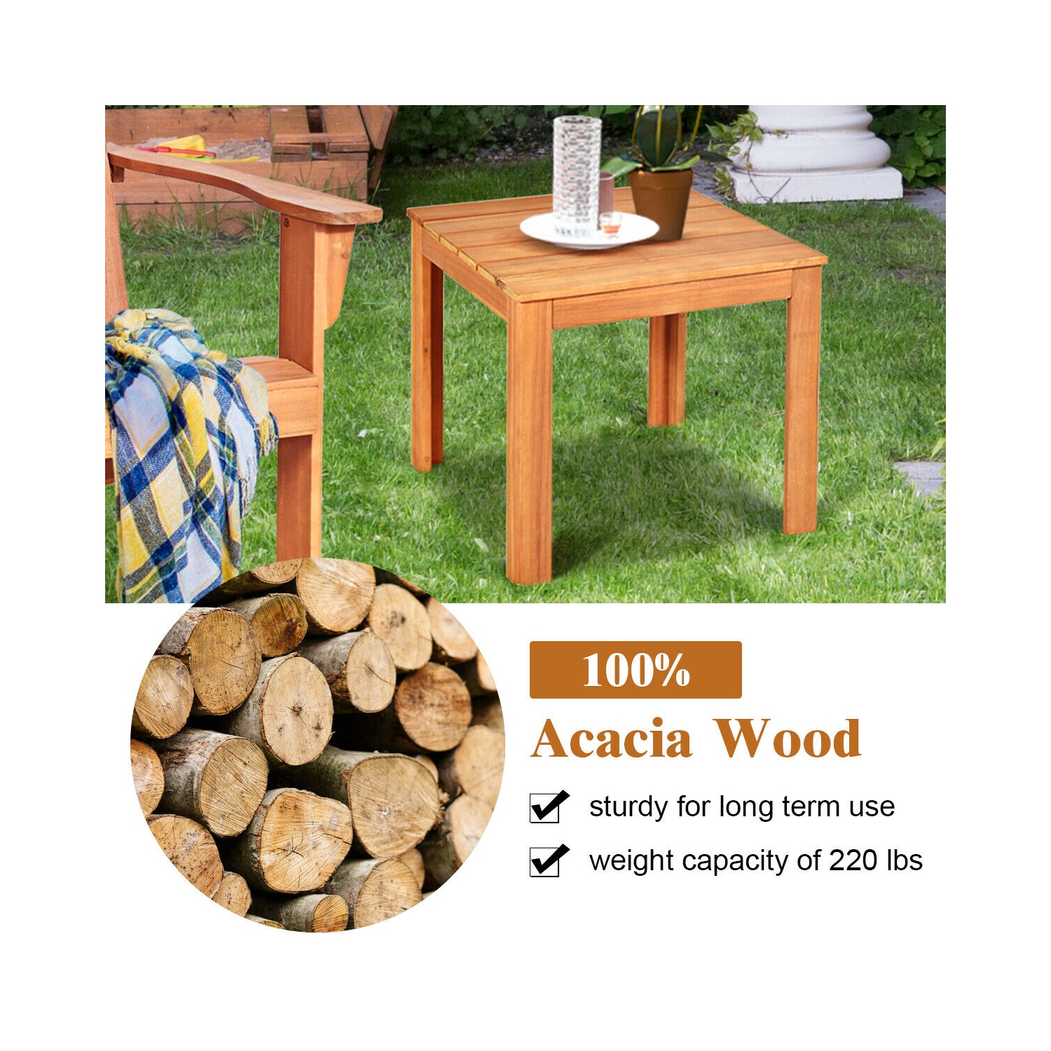 Gymax Wooden Square Side End Table Patio Coffee Bistro Table Indoor Outdoor Natural