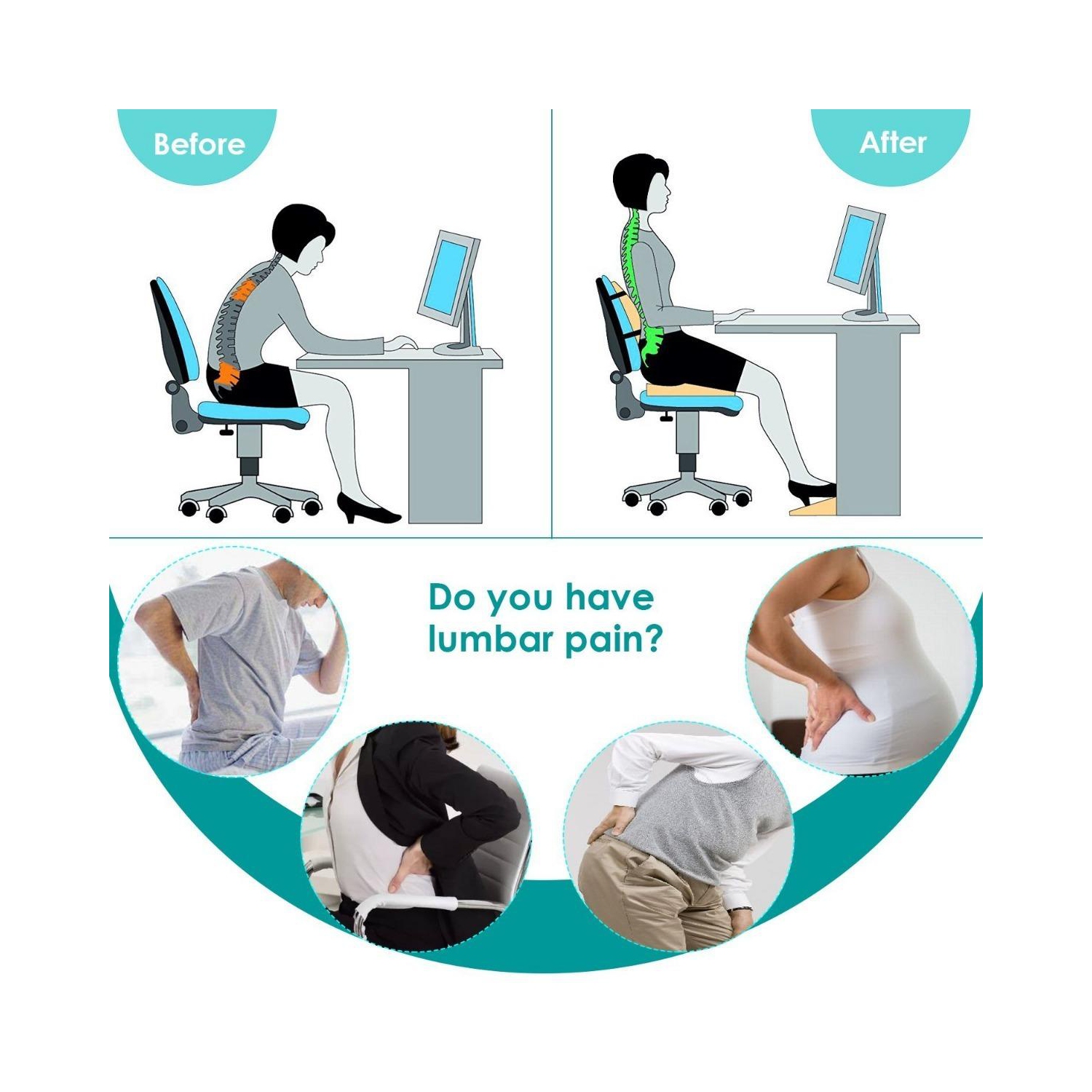 Coussin de soutien lombaire en mousse à mémoire en gel Cool, noir utilisé pour siège d’auto, chaise, maison, siège - Moustache®-Grey