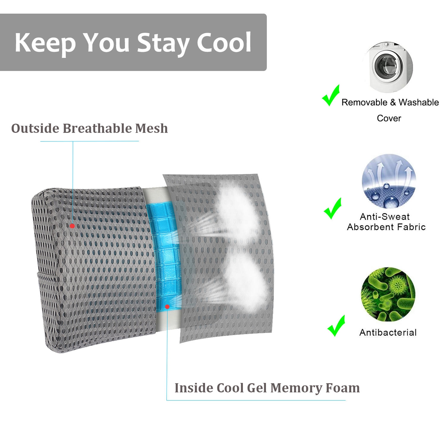 Coussin de soutien lombaire en mousse à mémoire en gel Cool, noir utilisé pour siège d’auto, chaise, maison, siège - Moustache®-Grey