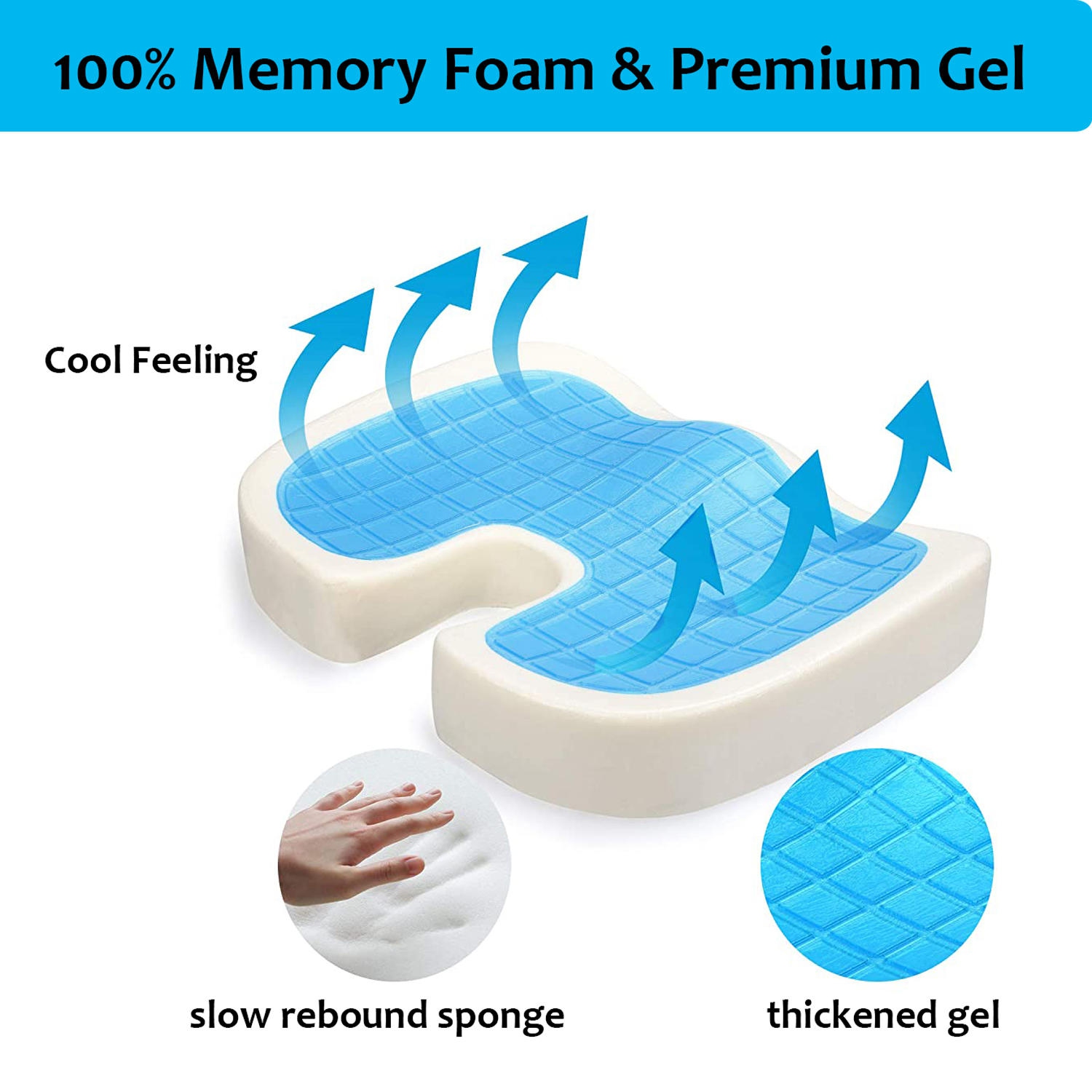 Cool Gel Memory Foam Seat Cushion, 450mm x 370mm x 71mm, for use with office chair, car seat, wheelchair- Gray - Moustache®