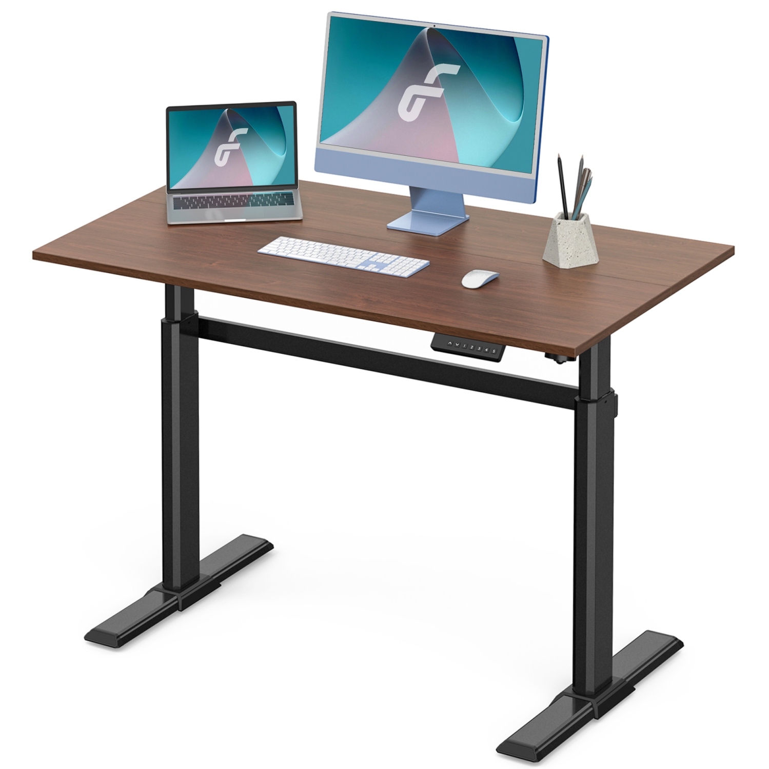 Fenge Electric Standing Desk with 4 Programmable Memory Presets, Height Adjustable Computer Workstation Home Office Sit to Stand UP Desk (Black Frame and Brown Top)
