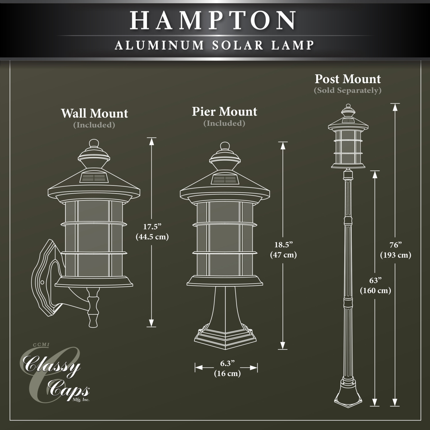 Classy Caps Black Aluminum Hampton Solar Lamp