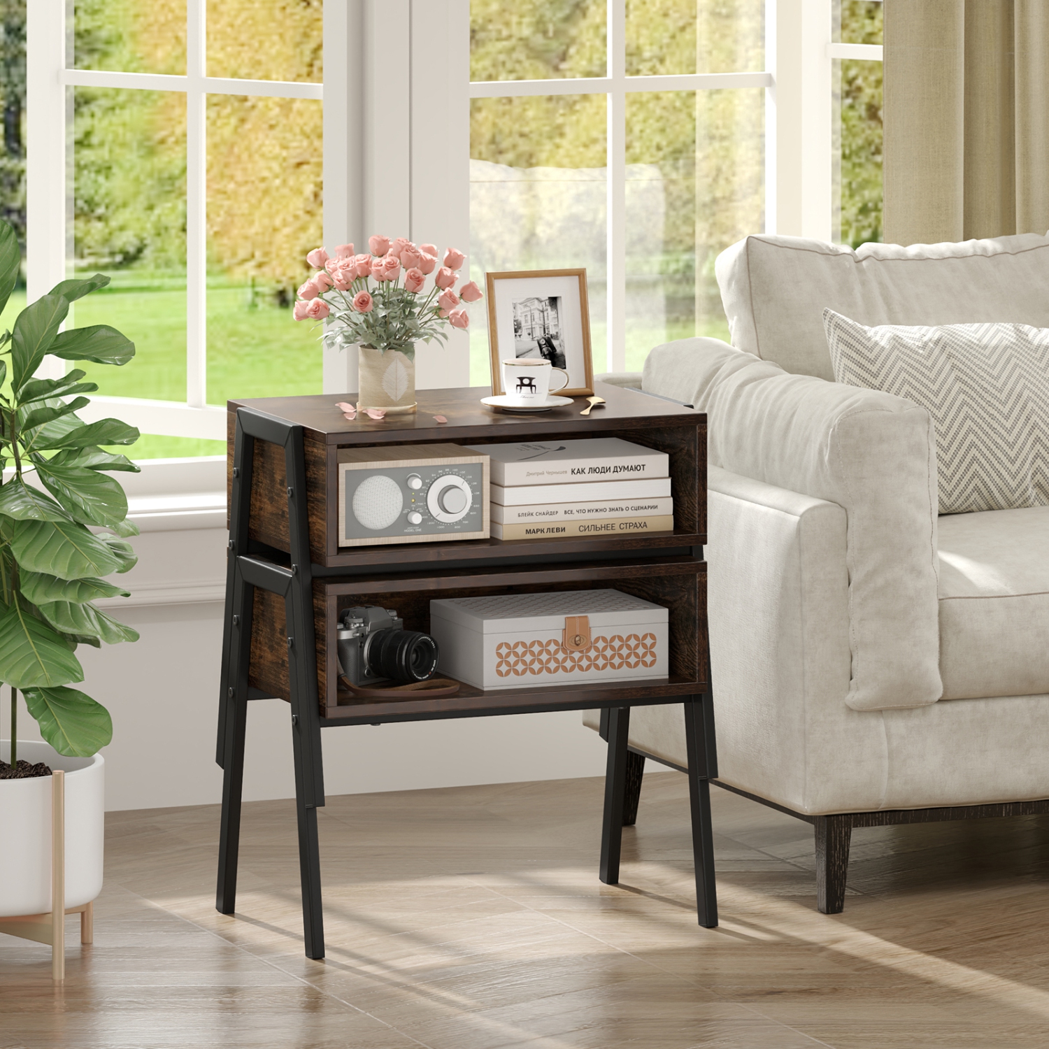 Gymax 2PCS Stackable End Table Night Stand Bedside Table Shelf Accent Table