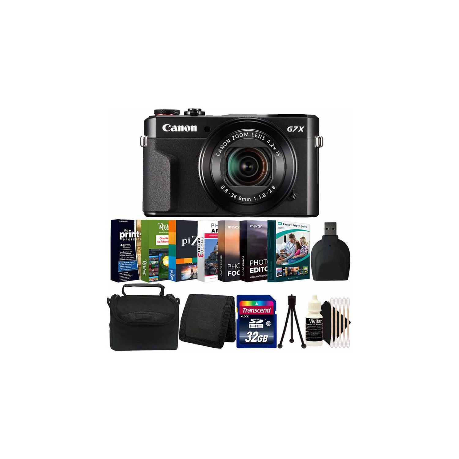 Canon PowerShot G7 X Mark II (Black) + 32GB Memory Card + Wallet + Reader + Photo Editor Bundle Software + Case + Mini Tripod + 3pc Cleaning Kit