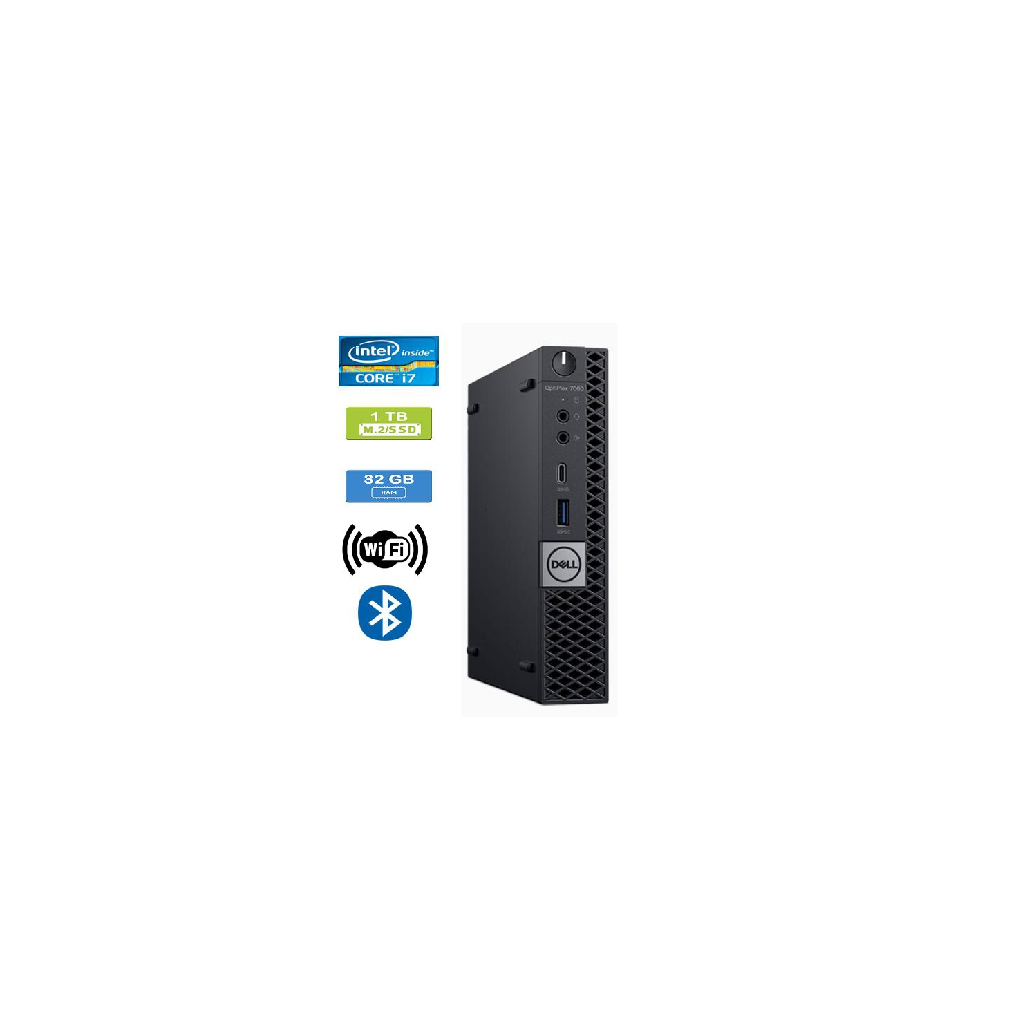 Remis à neuf: DELL 7060 MICRO Intel Core i7-8700T 2.40 GHz, 32GB, M.2/1TB SSD, Win 10 Pro