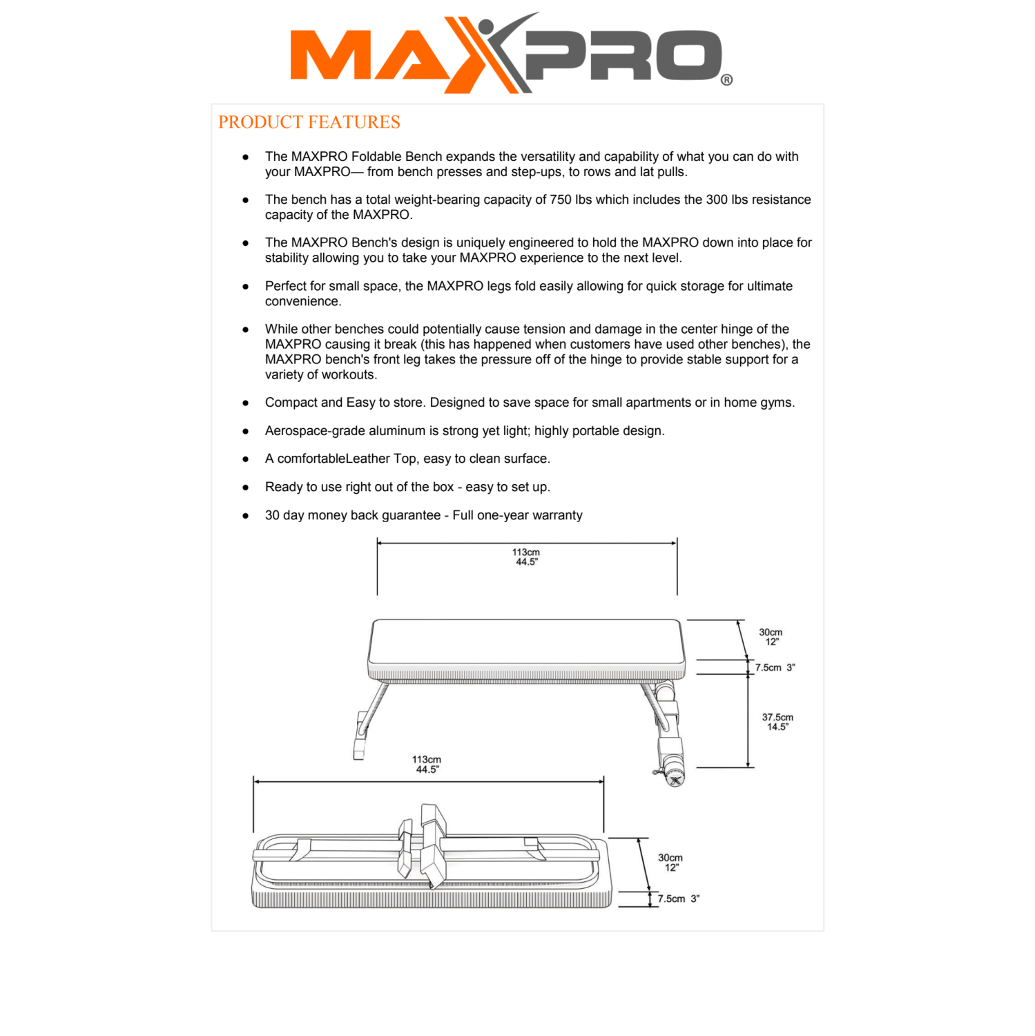 MAXPRO Foldable Bench for MAXPRO Fitness Machine - Purpose Built Attachment | Exercise, Build, Burn & Tone. Strength, HIIT, Plyo