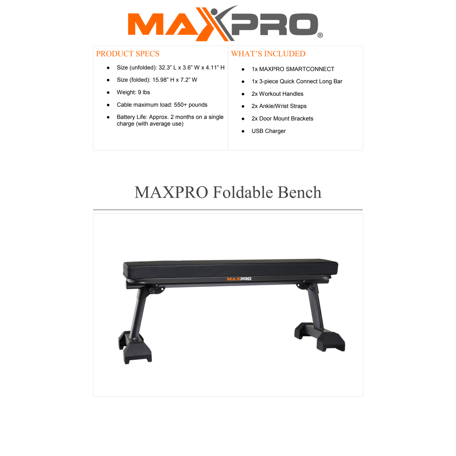 MAXPRO Foldable Bench E3001 NWW BK 13150404 for MAXPRO Fitness