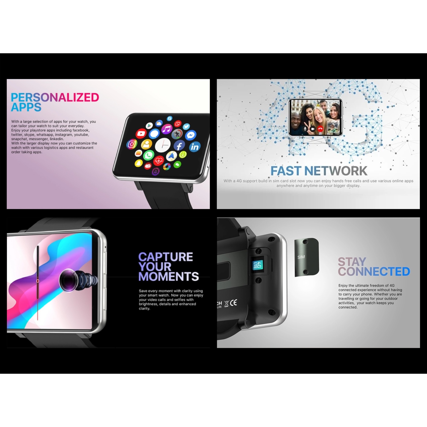 ISPEKTRUM iS100 4G Smartwatch Écran 2,8" Appel 4G LTE WiFi, Appareil photo 5MP Longue durée de vie de la batterie GPS Google Maps Google Play Store