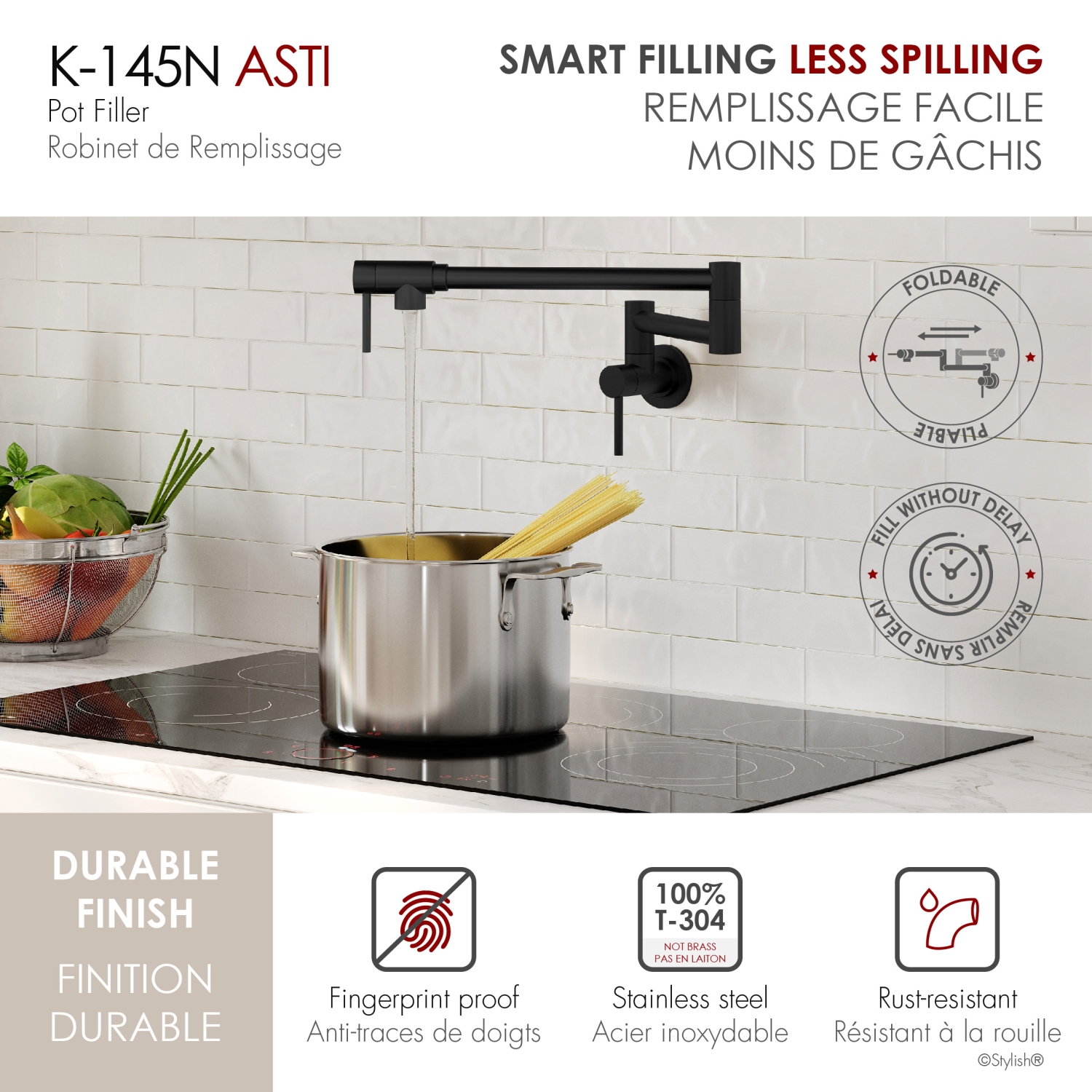 Asti Two Handles Wall Mount with Single Hole Matte Black Pot Filler K-145N