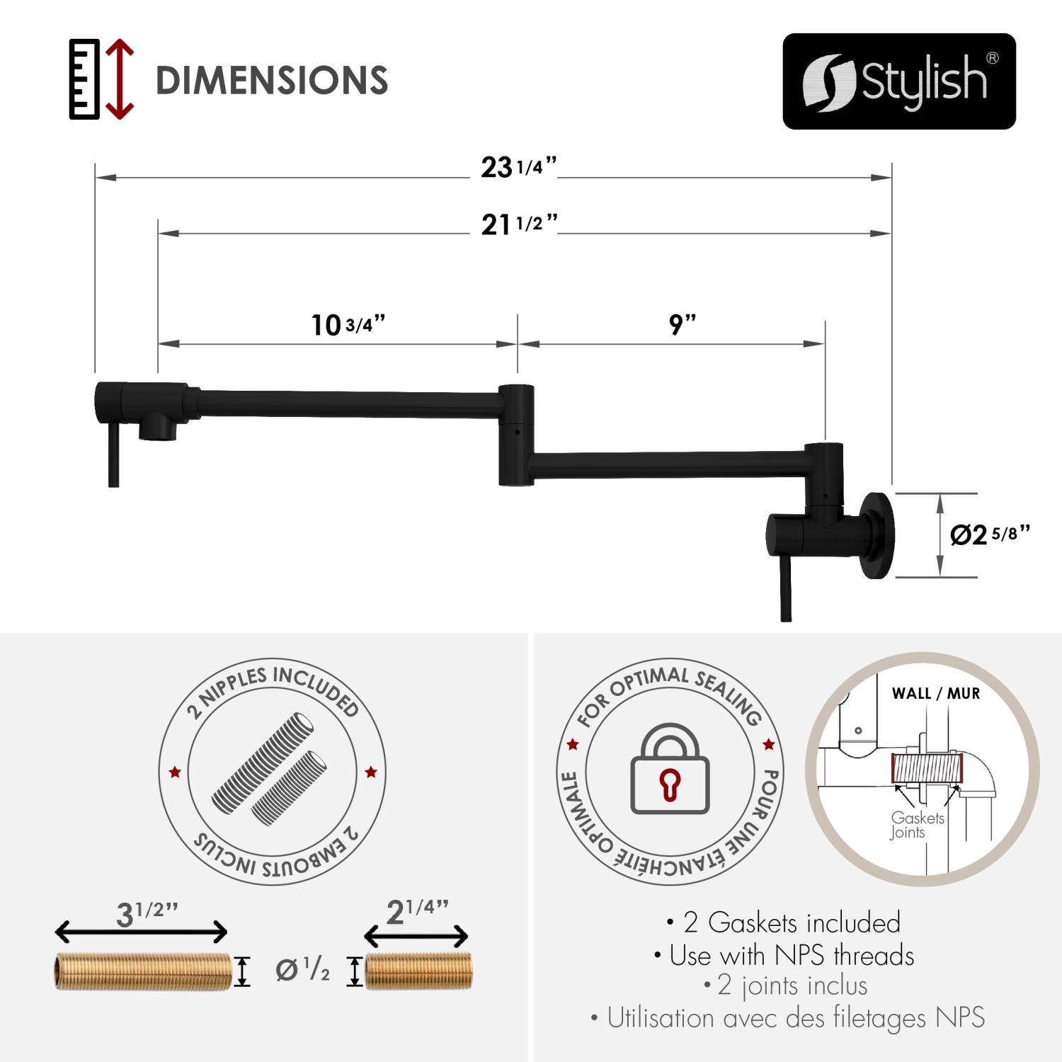 Asti Two Handles Wall Mount with Single Hole Matte Black Pot Filler K-145N