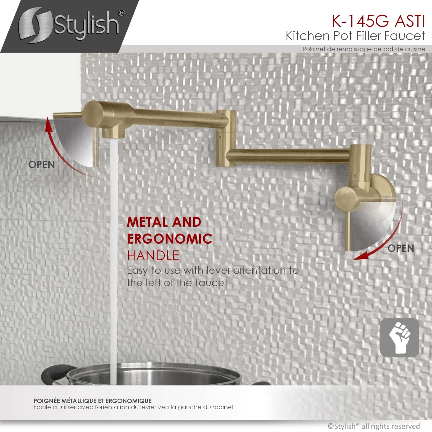 Asti Two Handles Wall Mount with Single Hole Brushed Gold Pot Filler k-145G