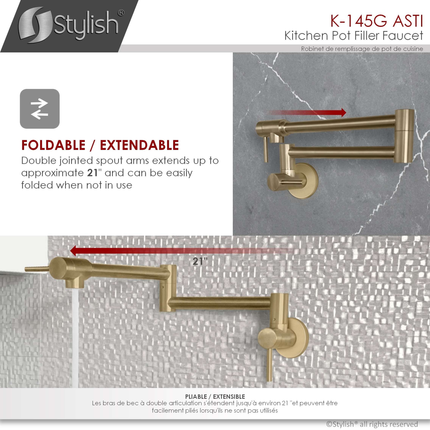 Asti Two Handles Wall Mount with Single Hole Brushed Gold Pot Filler k-145G