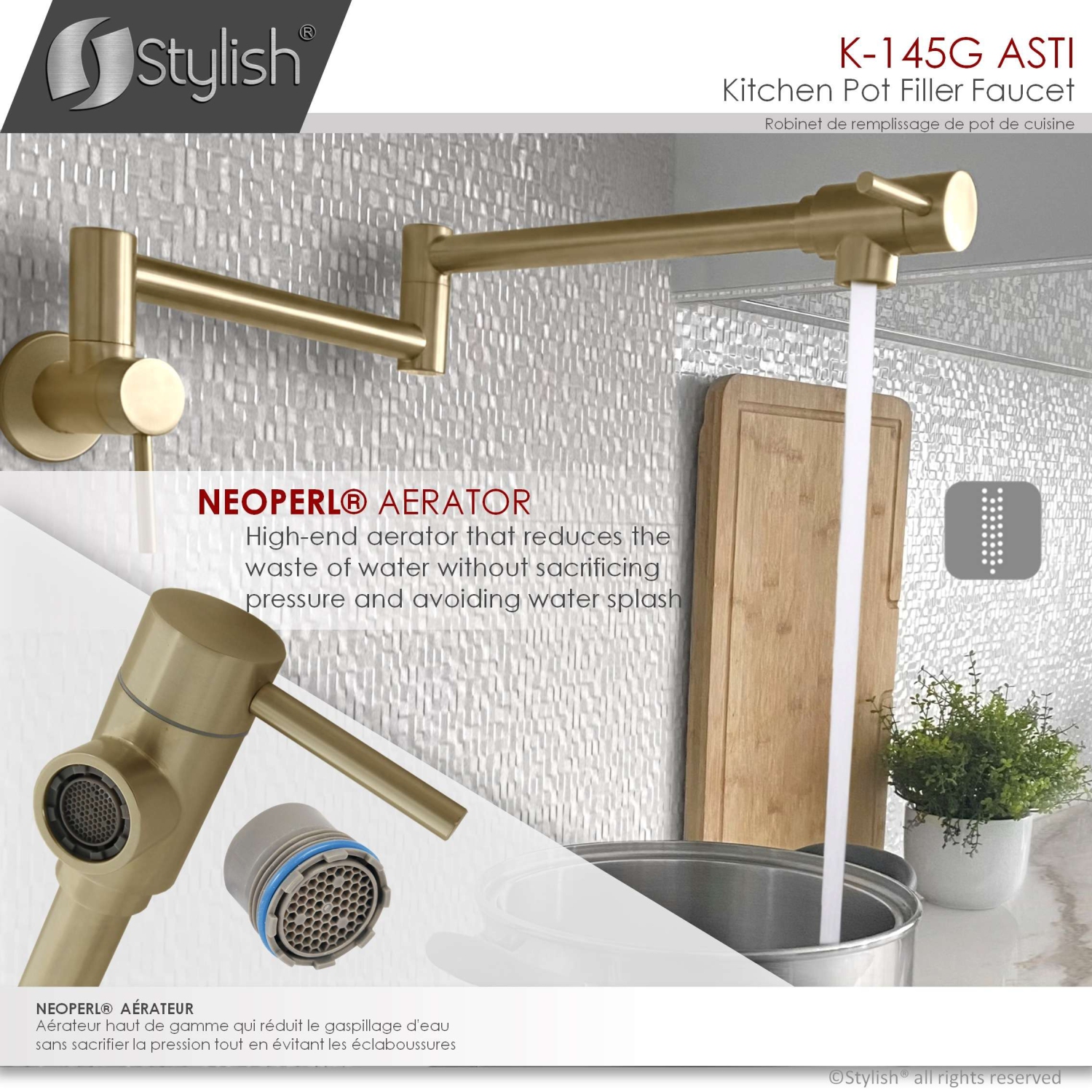 Asti Two Handles Wall Mount with Single Hole Brushed Gold Pot Filler k-145G