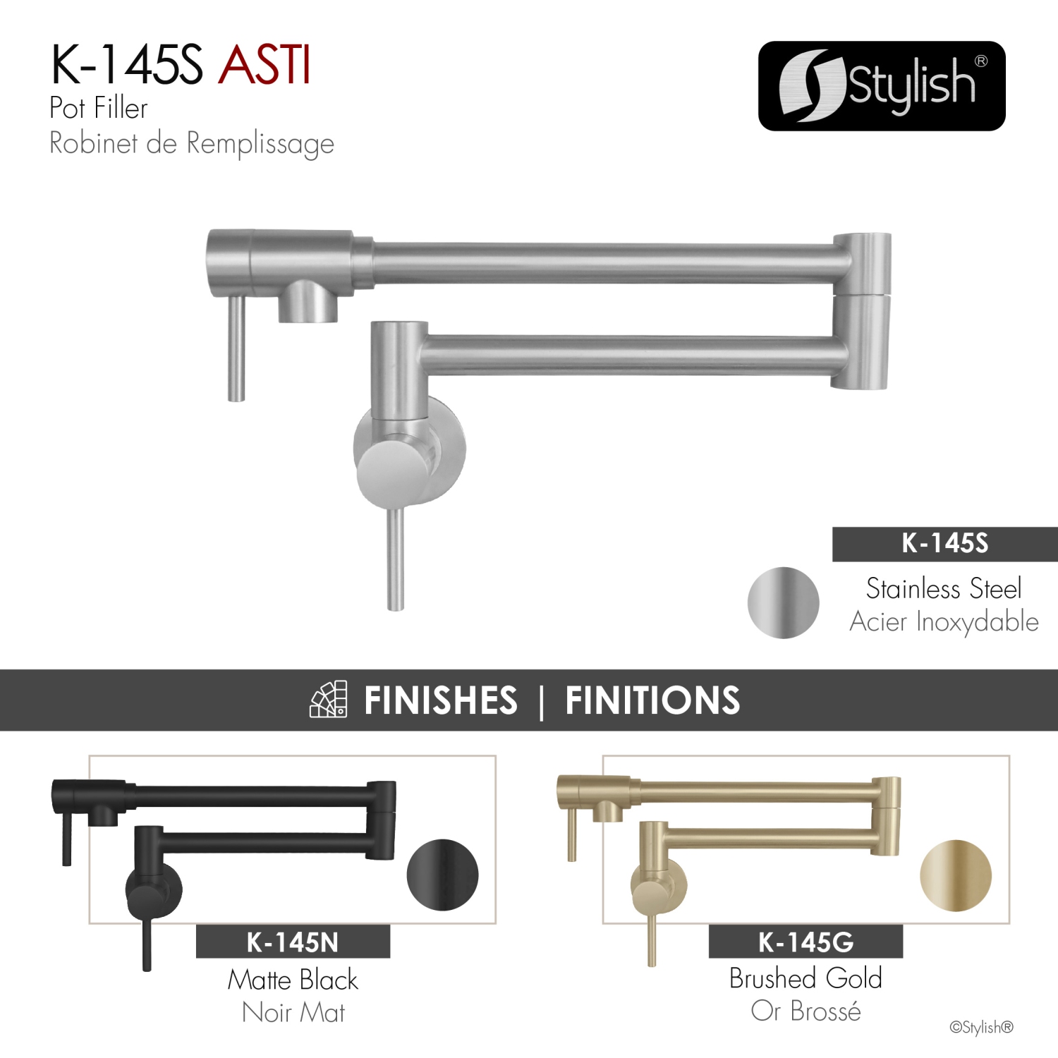 Asti Two Handles Wall Mount with Single Hole Stainless Steel Pot Filler k-145S
