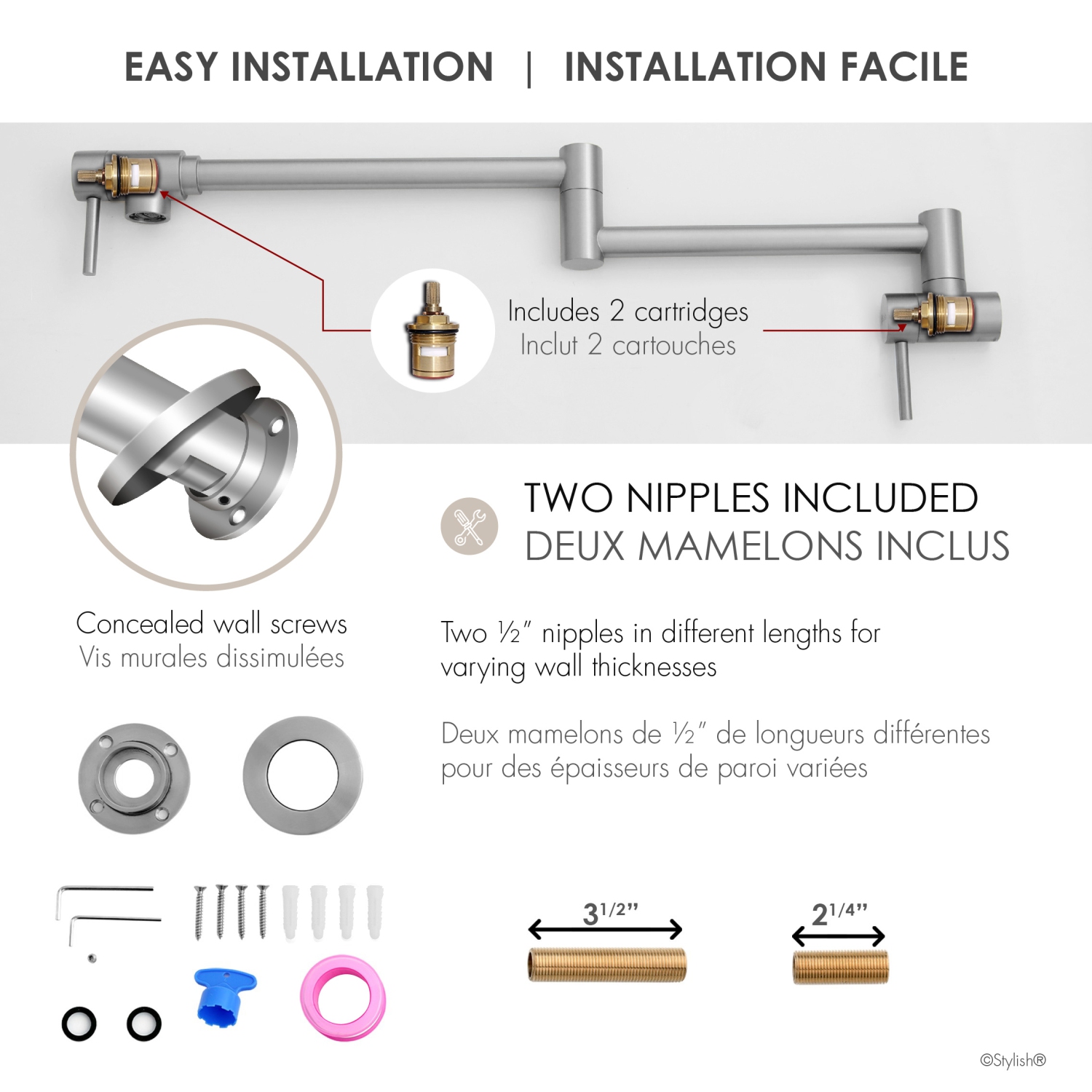 Asti Two Handles Wall Mount with Single Hole Stainless Steel Pot Filler k-145S