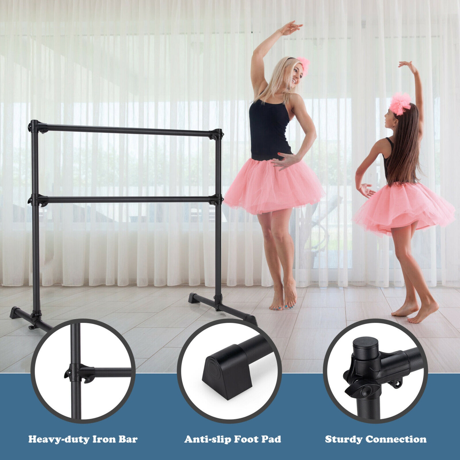 Gymax 4FT Portable Double Freestanding Ballet Barre Dancing Stretching
