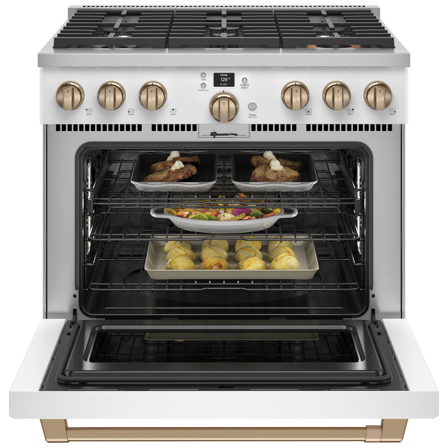 Cuisinière bicarburant autonome conv. véritable friture air 5,7 pi³ 36 po Café - Blanc