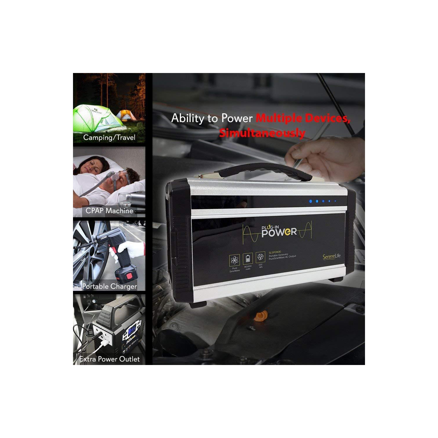 Générateur d'énergie compact et portable SereneLife, batterie rechargeable, 60 000 mAh