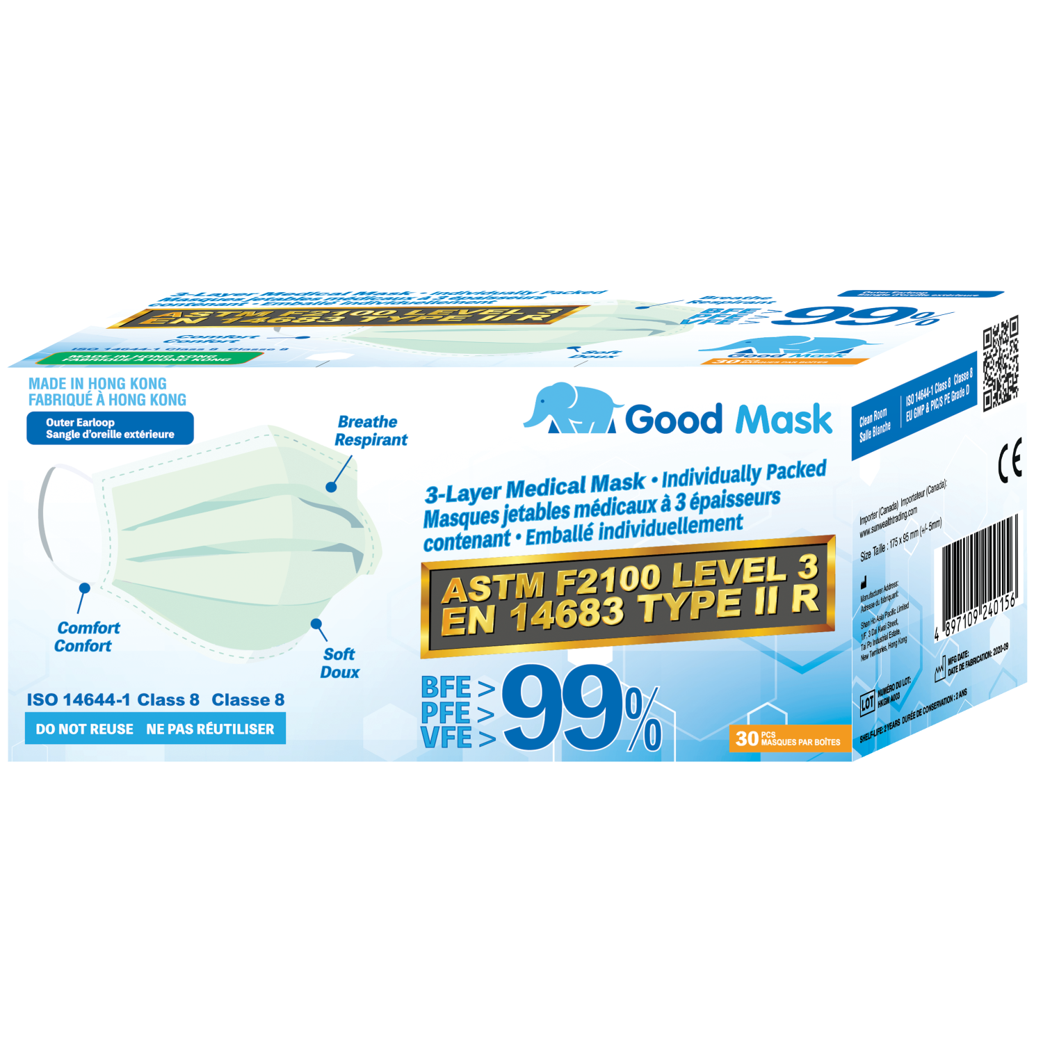 Emballage individuel 30 Masques jetables 3 épaisseurs pour Adulte ASTM F2100 Level 3 "Good Mask" - Arctique Bleu