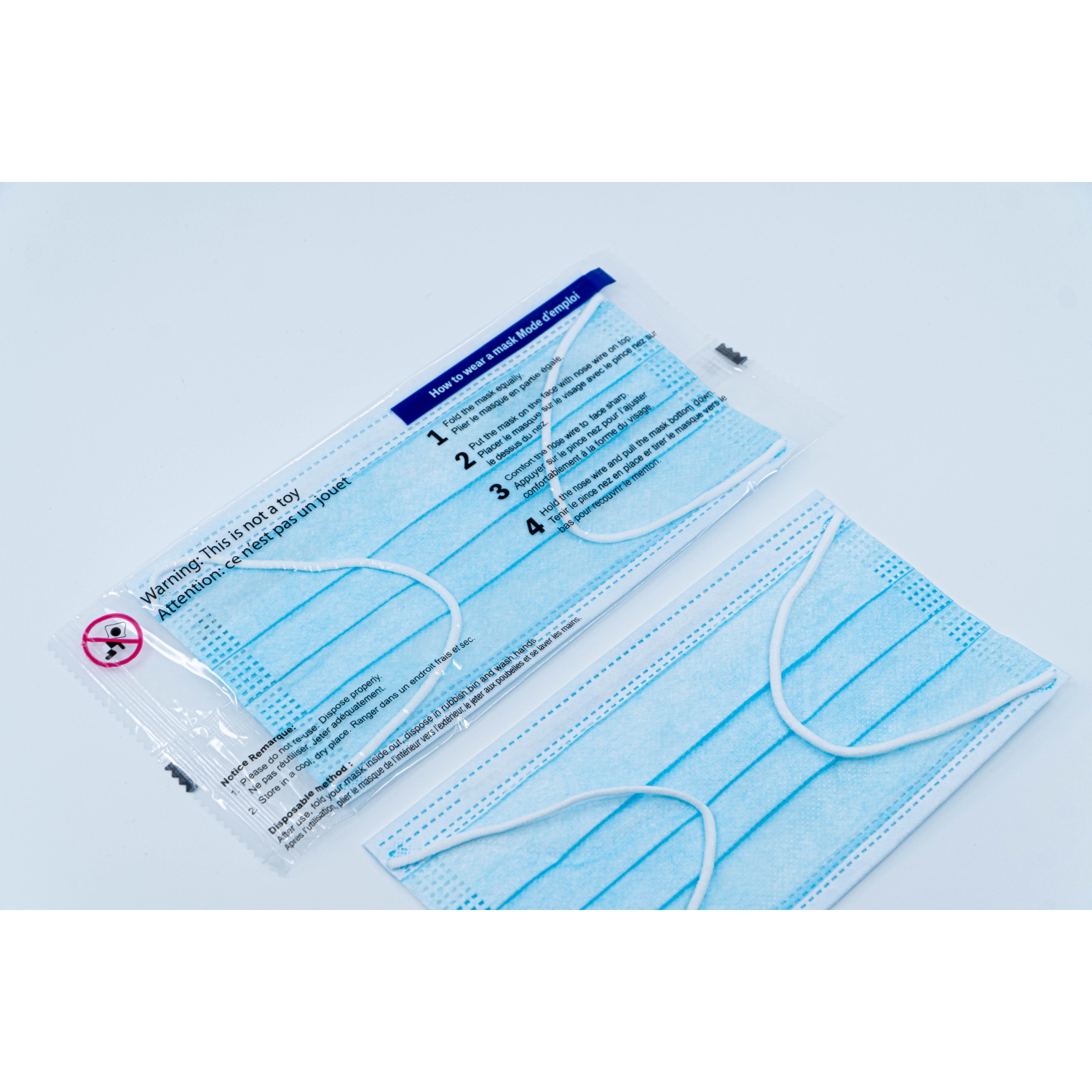 Emballage individuel 30 Masques jetables 3 épaisseurs pour Adulte ASTM F2100 Level 3 "Good Mask" - Arctique Bleu