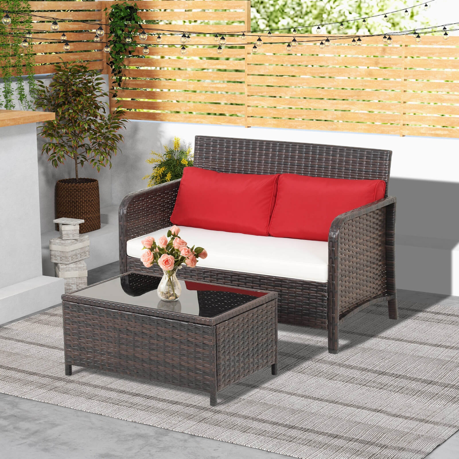 Costway 2 PCS Outdoor Patio Wicker Furniture Set with Tempered Glass Tabletop & Cushions