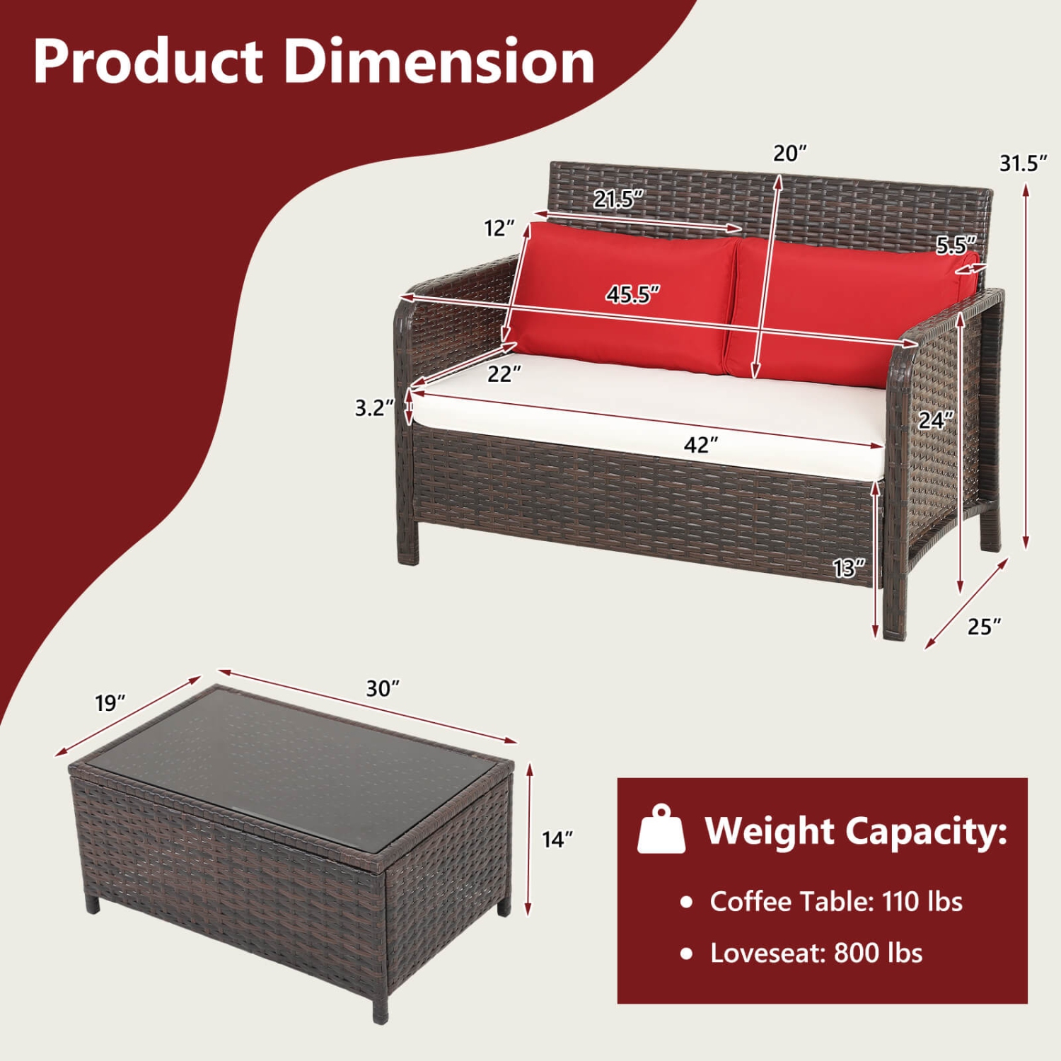 Costway 2 PCS Outdoor Patio Wicker Furniture Set with Tempered Glass Tabletop & Cushions