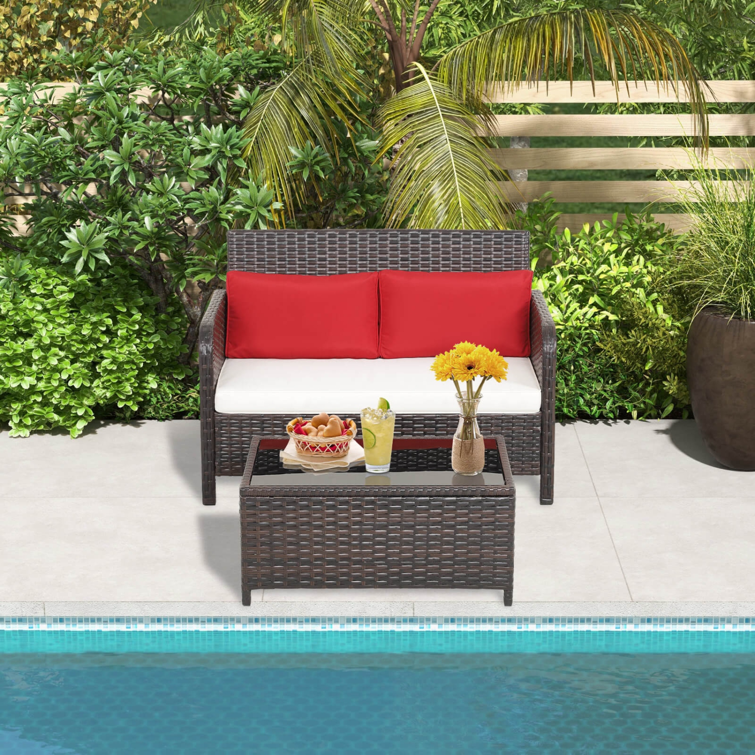 Costway 2 PCS Outdoor Patio Wicker Furniture Set with Tempered Glass Tabletop & Cushions