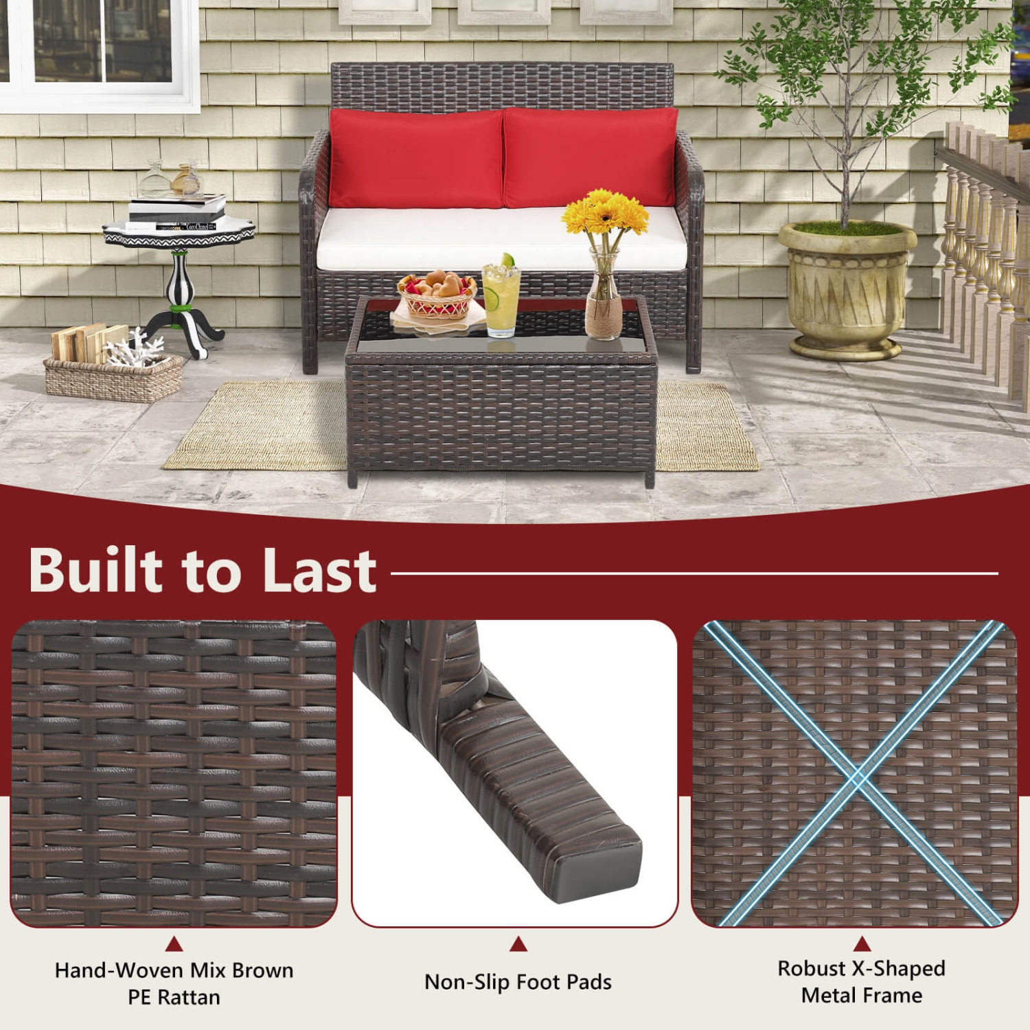 Costway 2 PCS Outdoor Patio Wicker Furniture Set with Tempered Glass Tabletop & Cushions