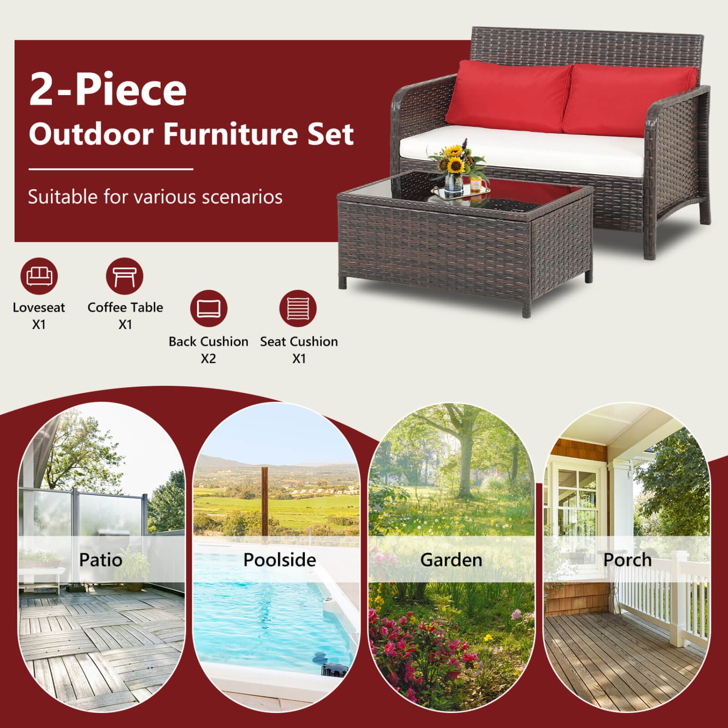 Costway 2 PCS Outdoor Patio Wicker Furniture Set with Tempered Glass Tabletop & Cushions