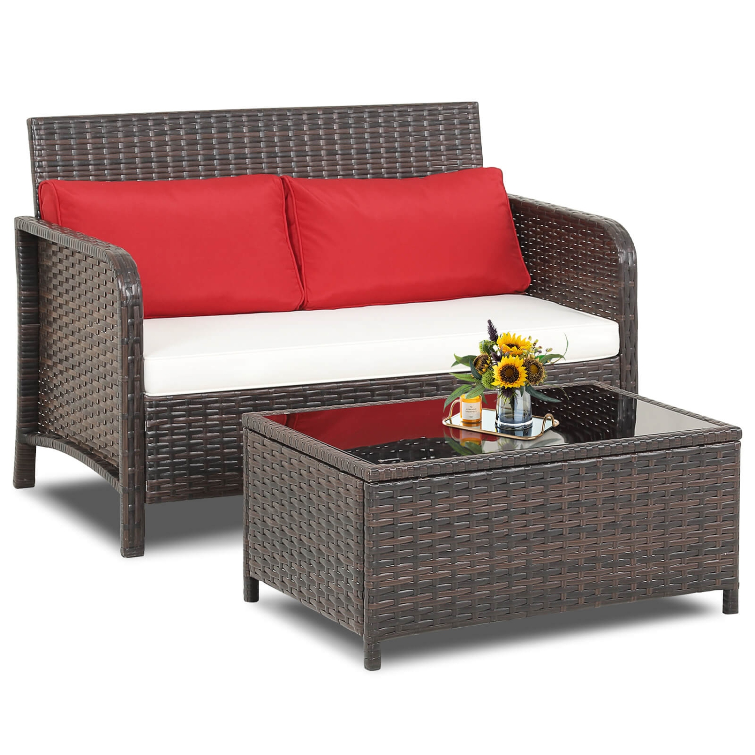 Costway 2 PCS Outdoor Patio Wicker Furniture Set with Tempered Glass Tabletop & Cushions