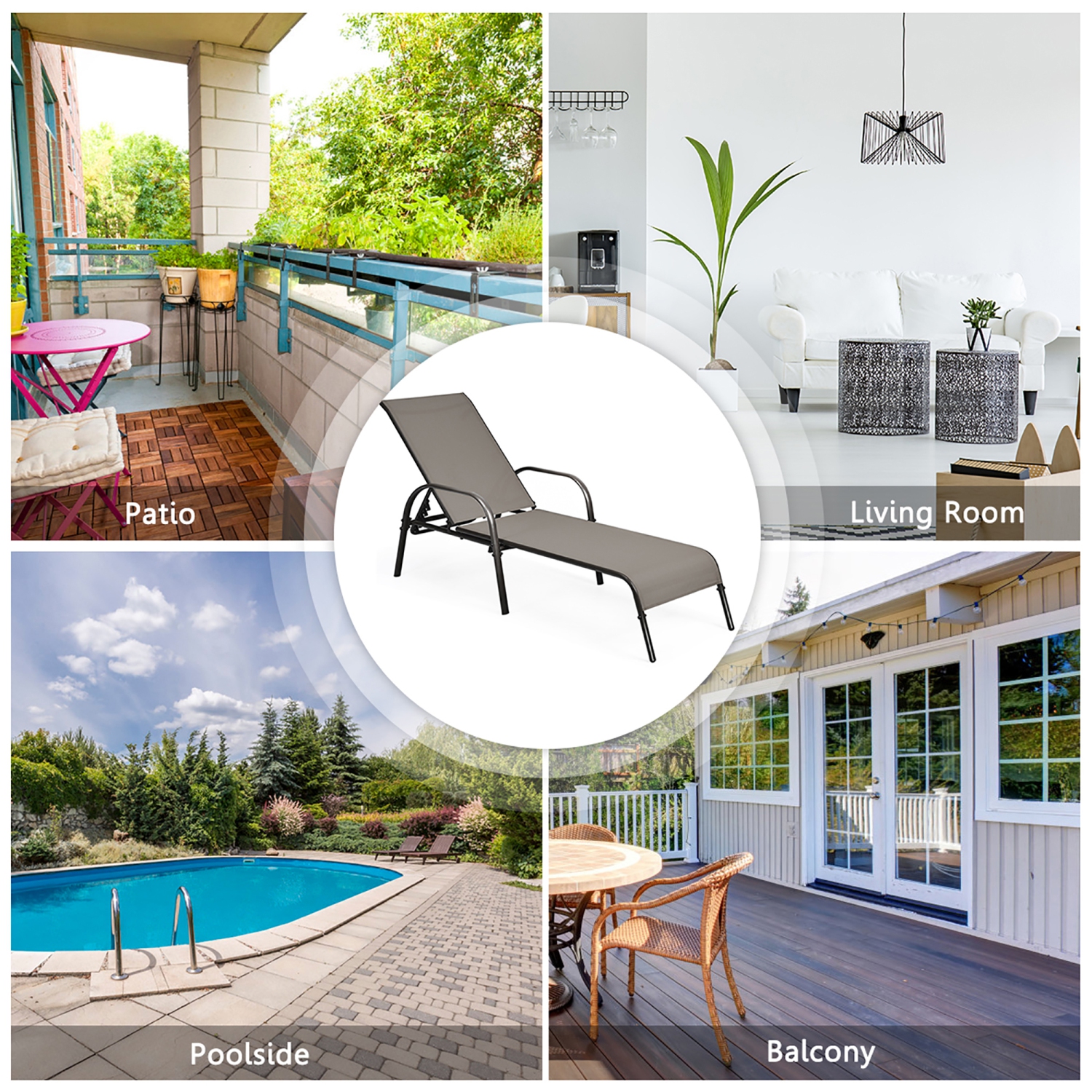 Costway Chaise Longue de Terrasse Réglable en Tissu à Accoudoirs Inclinables, Marron