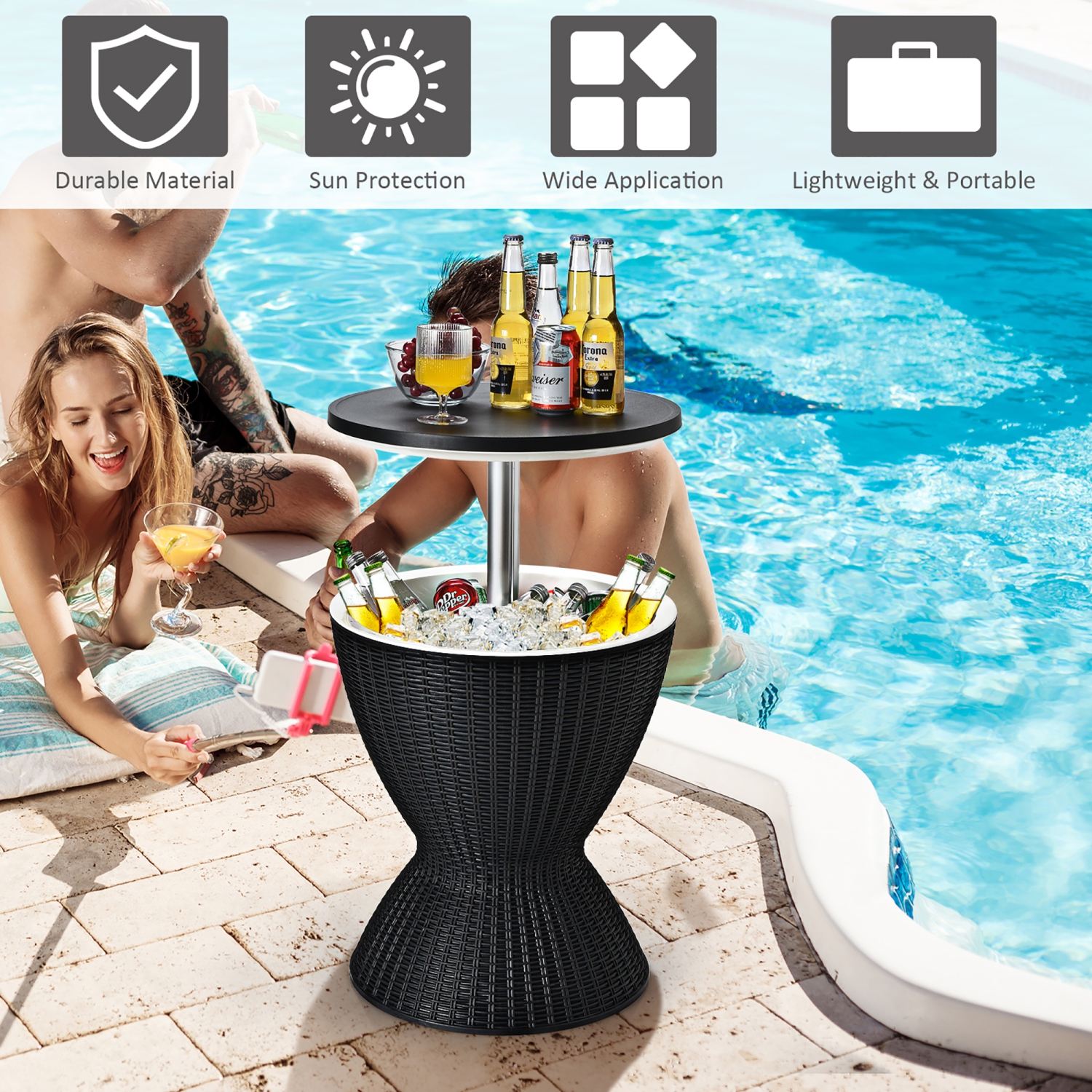 Costway 8 Gallon 3 in 1 Patio Rattan Cooler Bar Table Adjust Ice Bucket