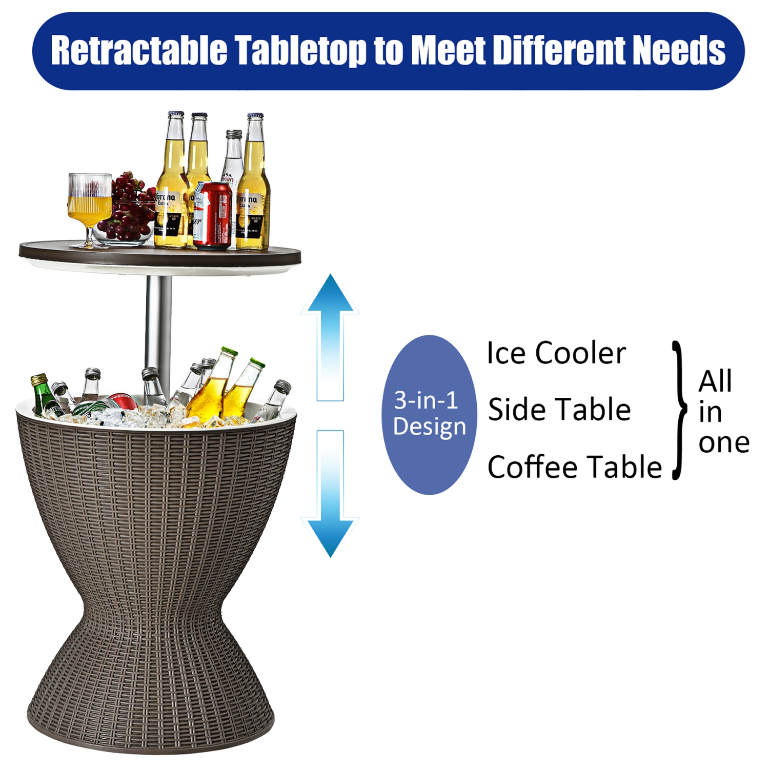Table d'appoint bar avec seau à glace de 30 Litres en rotin 3 en 1 Costway, table de cocktail, pour terrasse, marron