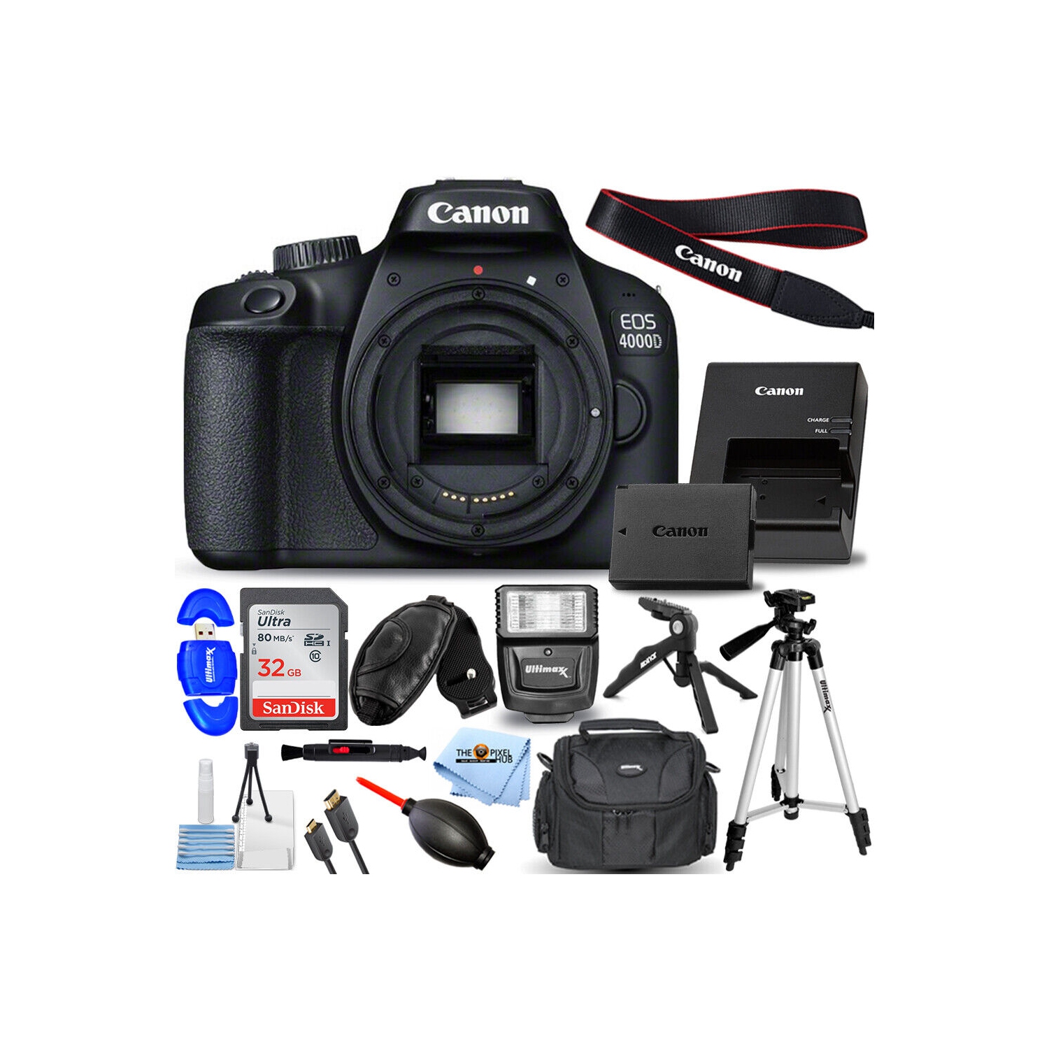 Canon EOS 4000D / Rebel T100 DSLR Camera (Body) + 32GB + Flash + Tripod Bundle