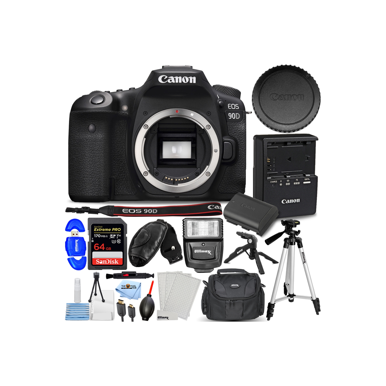 Canon EOS 90D DSLR (Body Only) 3616C002 - Pro Bundle Includes: 64GB Extreme Pro SD, Slave Flash, Tripod, Gadget Bag, HDMI Cable and More With 1 Year Seller Warranty