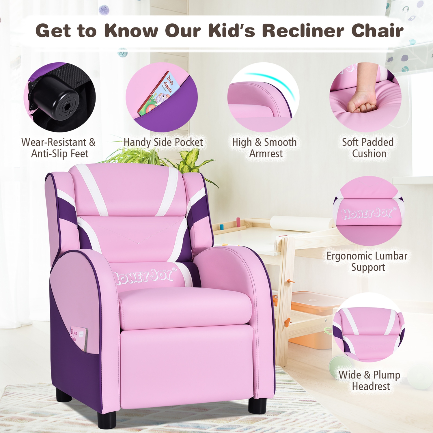 Costway Kids Recliner Chair Gaming Sofa PU Leather Armchair w/Side Pockets