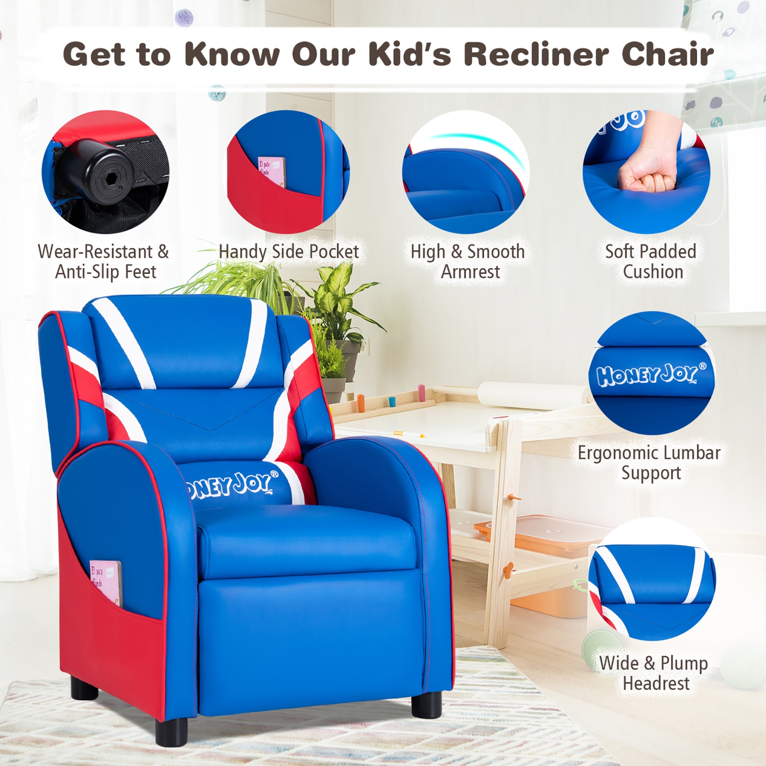 Costway Kids Recliner Chair Gaming Sofa PU Leather Armchair w/Side Pockets
