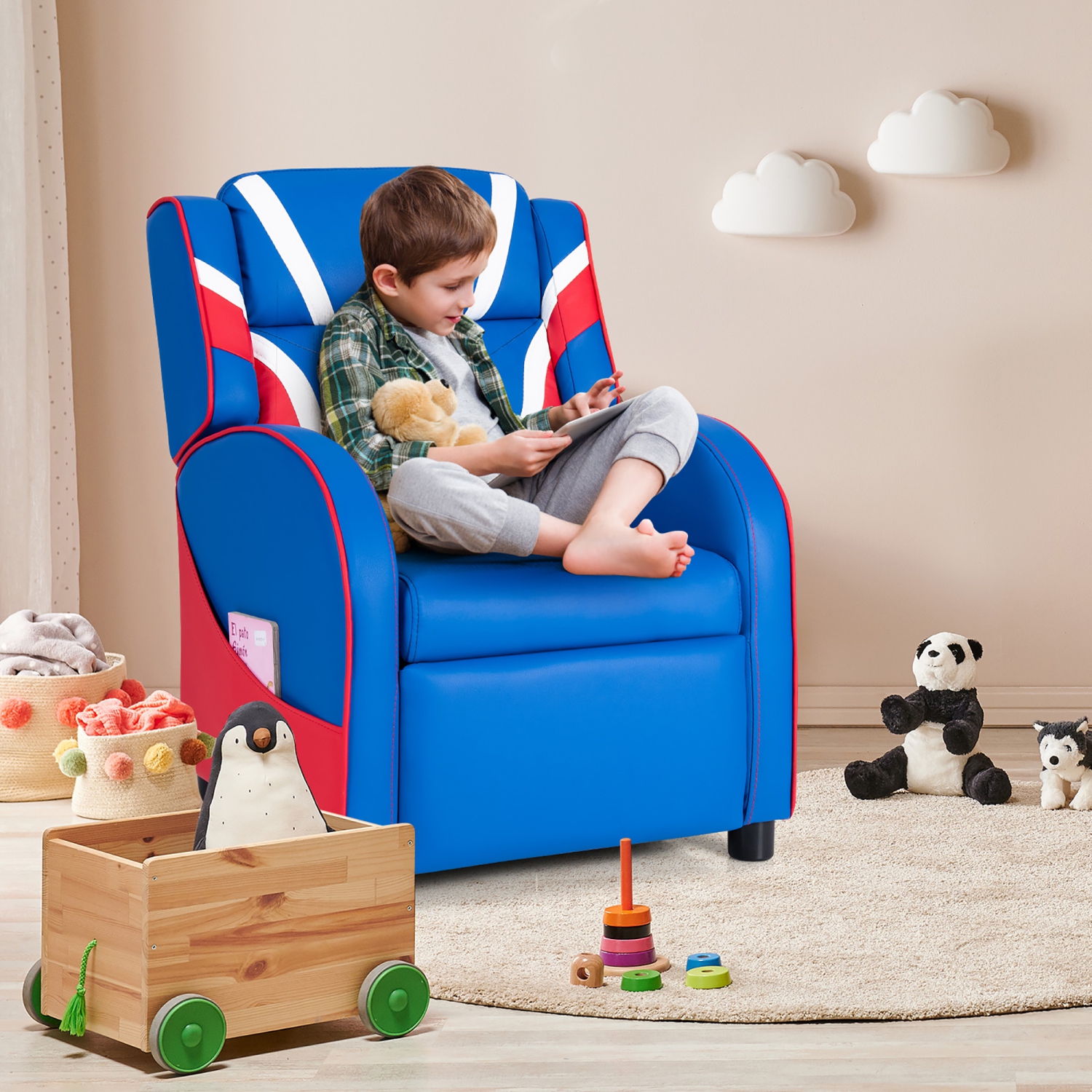 Costway Kids Recliner Chair Gaming Sofa PU Leather Armchair w/Side Pockets