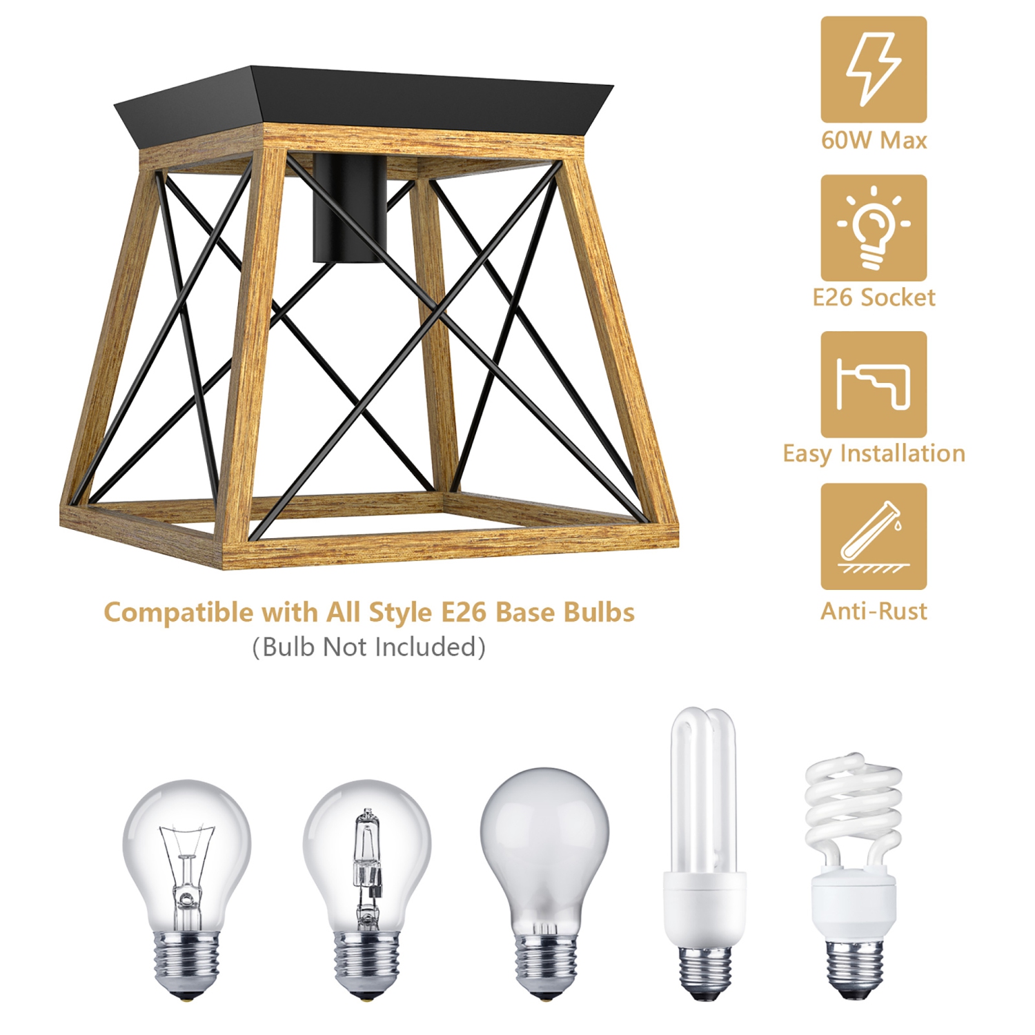 Costway Industrial Ceiling Light 1-Light Farmhouse Semi Flush Mount Ceiling Fixture