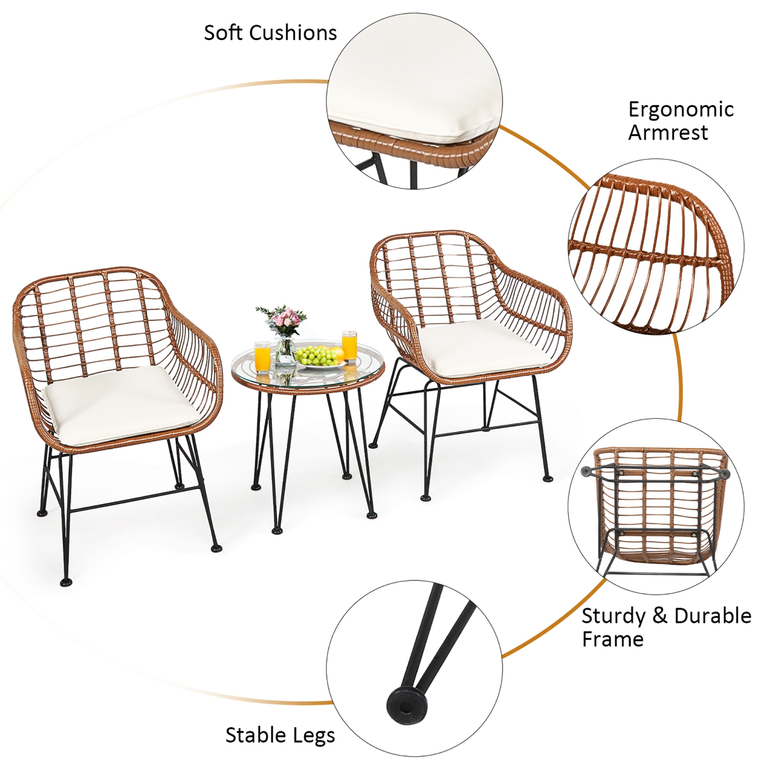Costway 3PCS Patio Rattan Bistro Set Coffee Table Armchair Garden w/Cushion