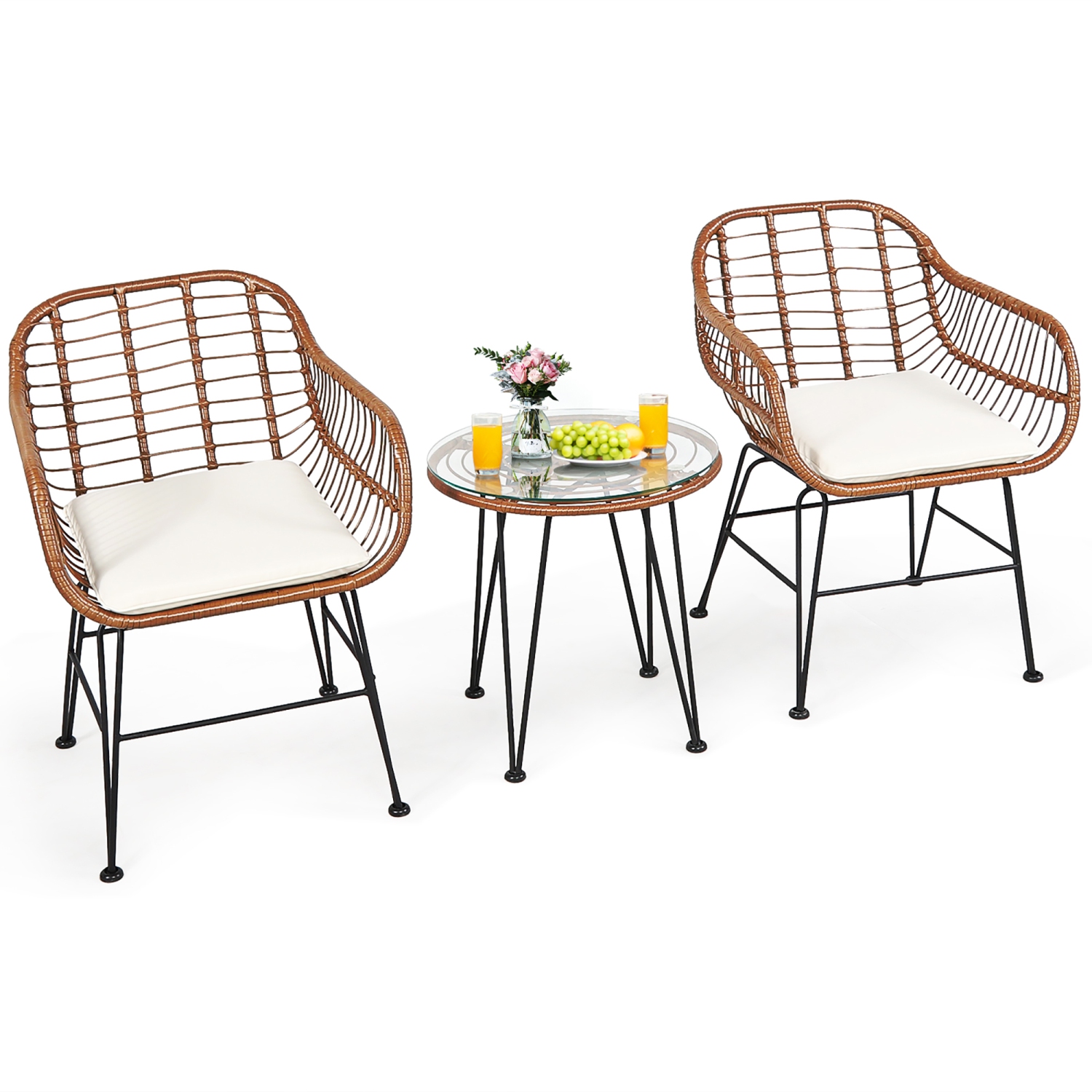 Costway 3PCS Patio Rattan Bistro Set Coffee Table Armchair Garden w/Cushion