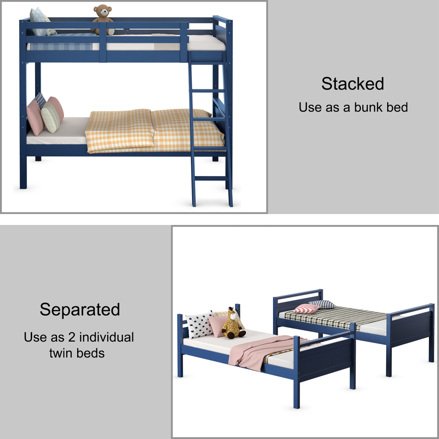 Costway Twin Over Twin Bunk Bed Convertible 2 Individual Beds Wooden