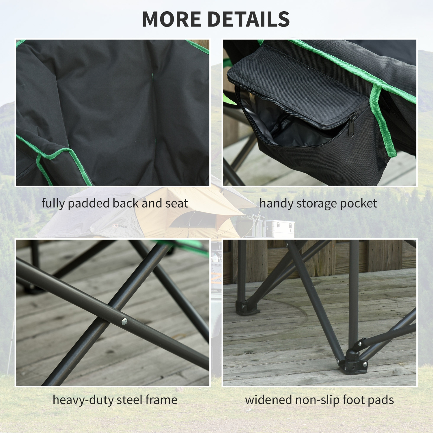 Outsunny Foldable Camping Chair Padded Moon Saucer Chair with Carry Bag, Storage Pocket for Outdoor, Beach, Picnic, Hiking, Fishing, Travel